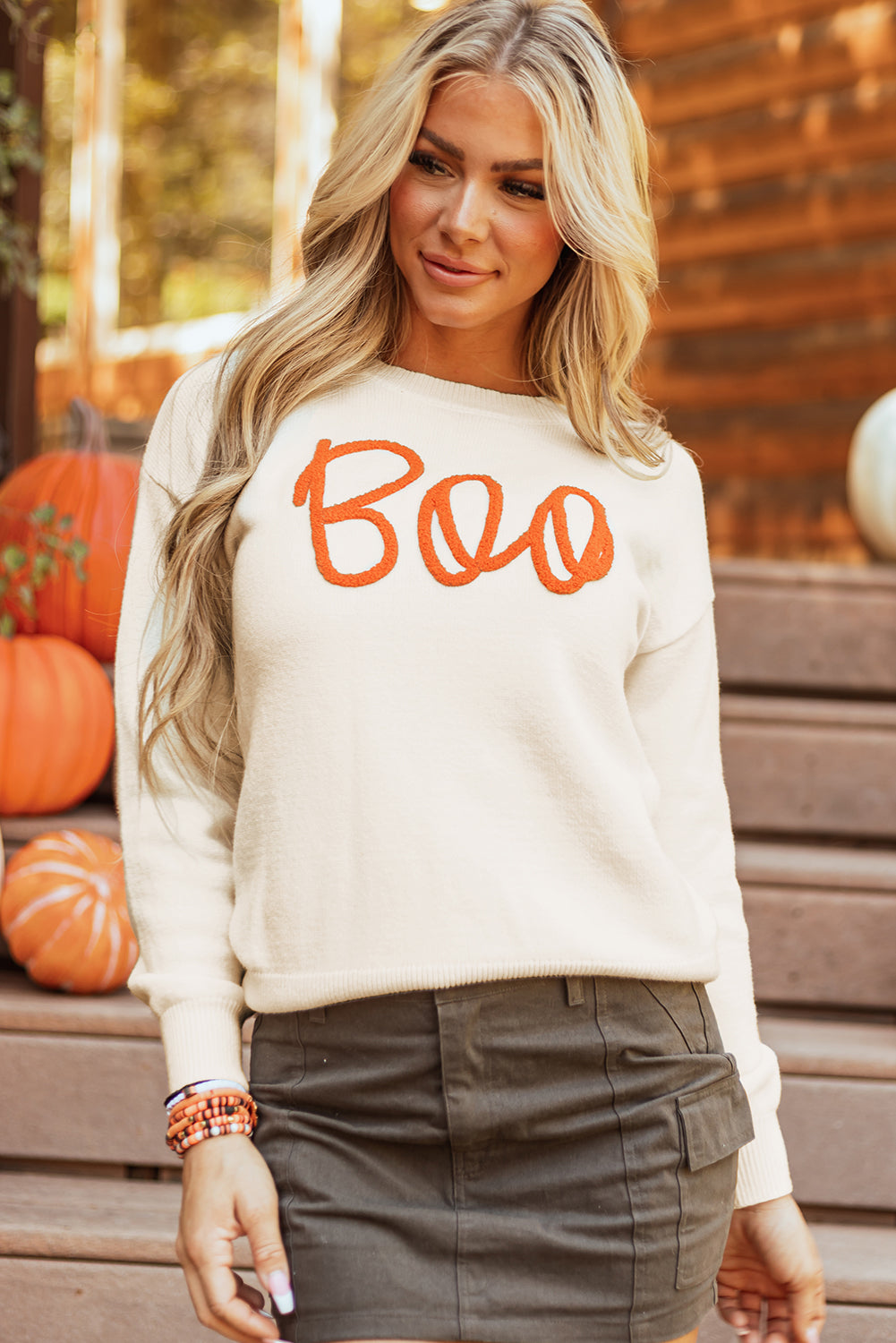 Boo Knitted Pattern Ribbed Edge Drop Shoulder Sweater -2 COLOR OPTIONS