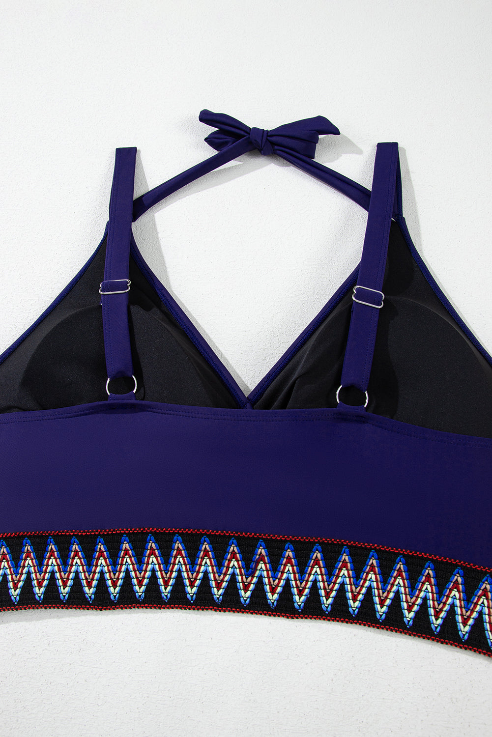 PLUS SIZE Navy Blue Embroidered Trim Wrap Tie Knot High Waisted Bikini Set
