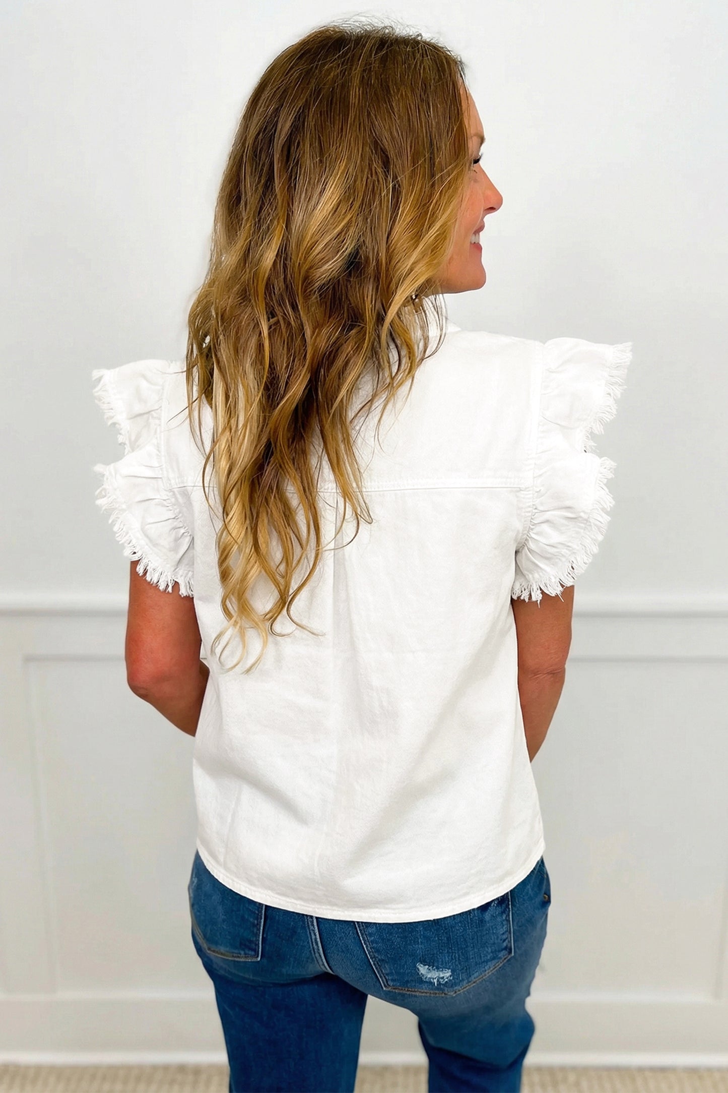 Frilled Collar Flutter Sleeve Denim Top -2 COLOR OPTIONS