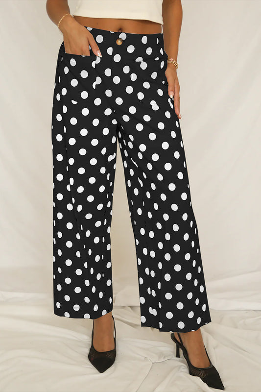 Polka Dot Print Patched Pocket Mid-rise Straight Leg Pants- 4 COLOR OPTIONS