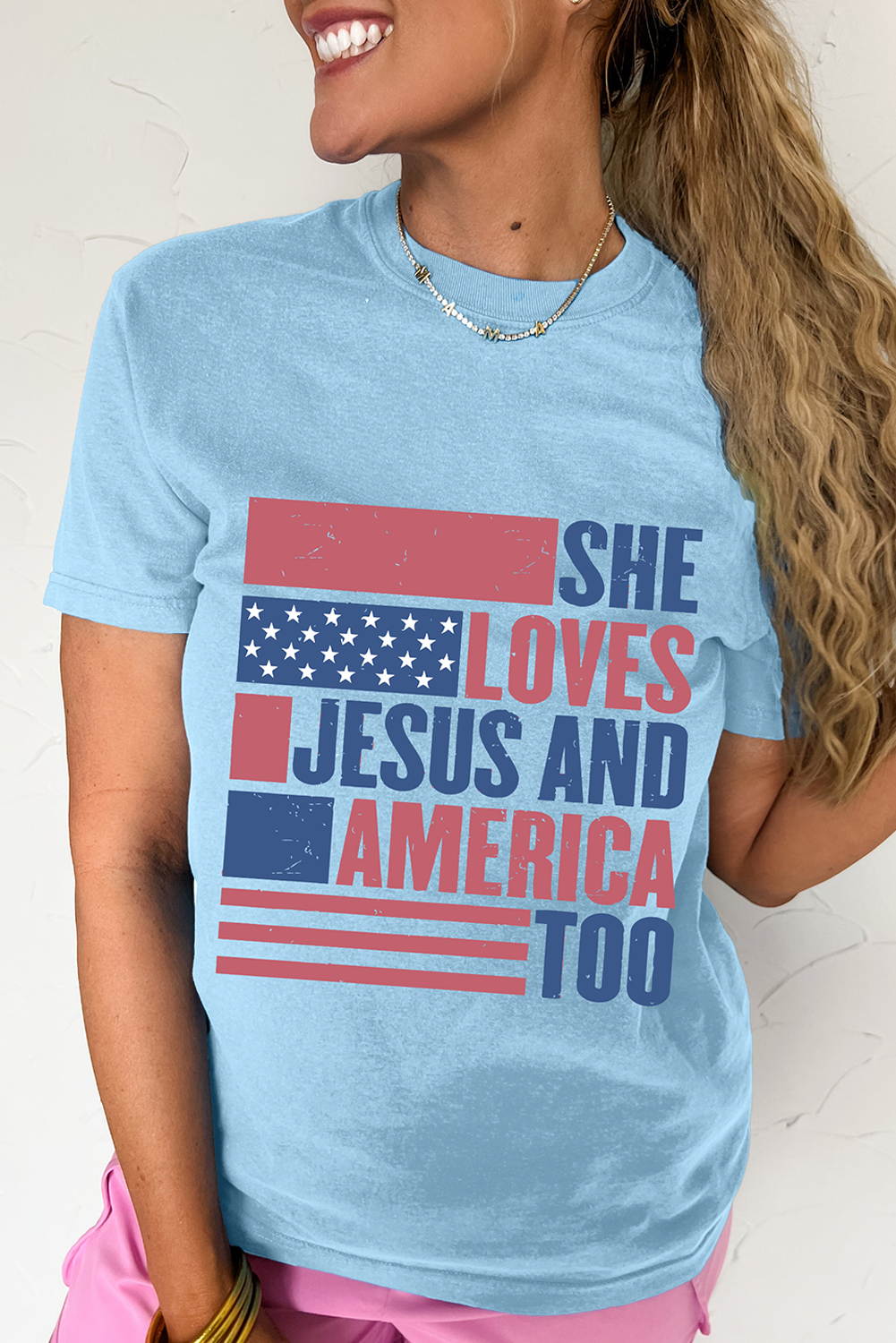 Light Blue SHE LOVES JESUS AND AMERICA TOO Heat Transfer Printing Patriotic T Shirt