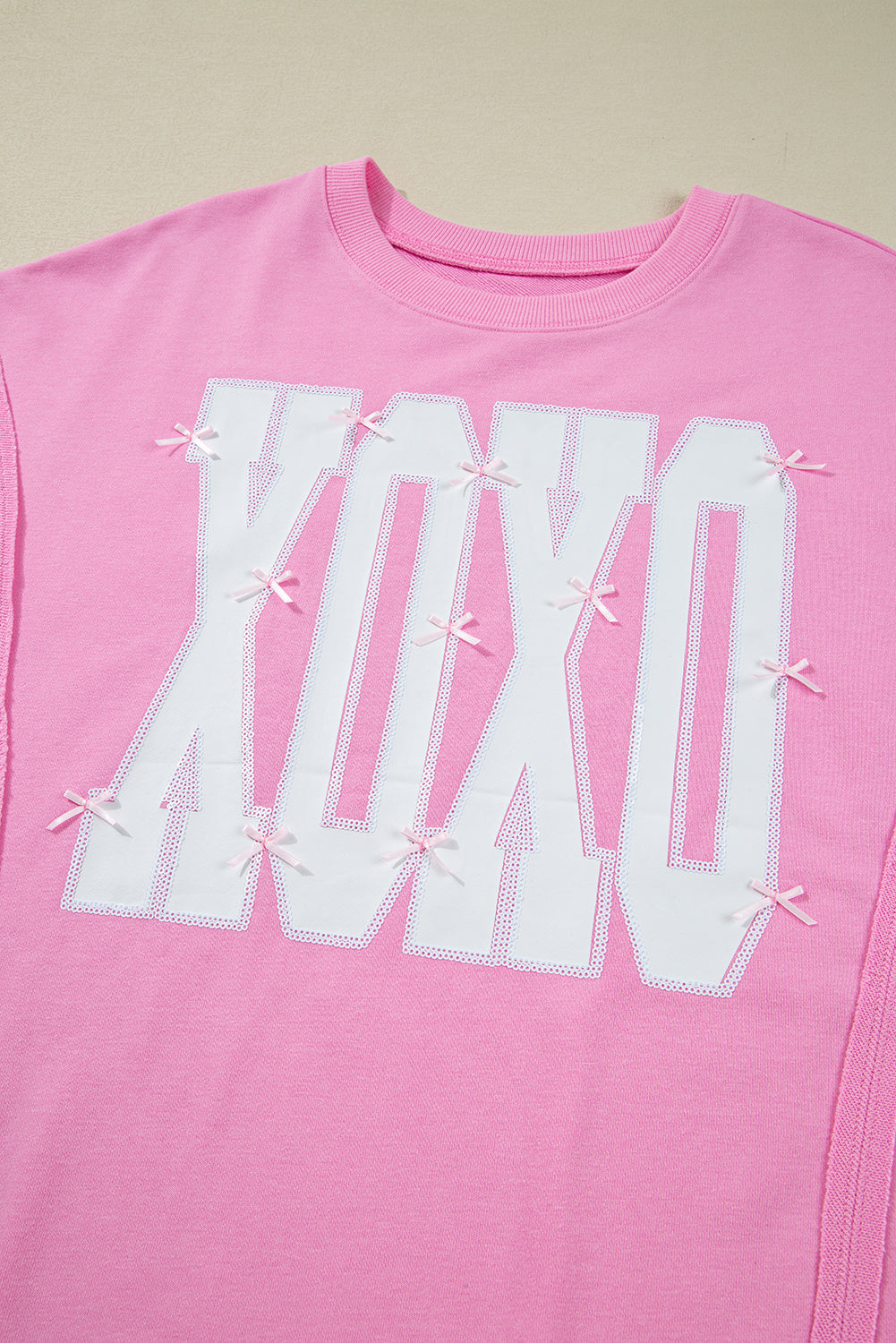 Bow Sequin XOXO Letter Graphic Exposed Seam Baggy Sweatshirt -3 COLOR OPTIONS