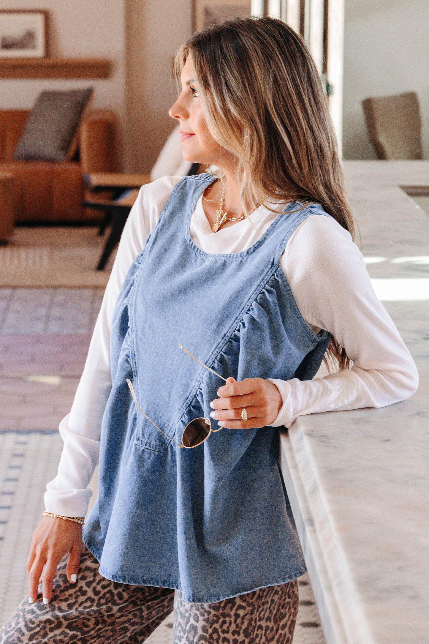 Myosotis Denim Pleated Patchwork Sleeveless Top