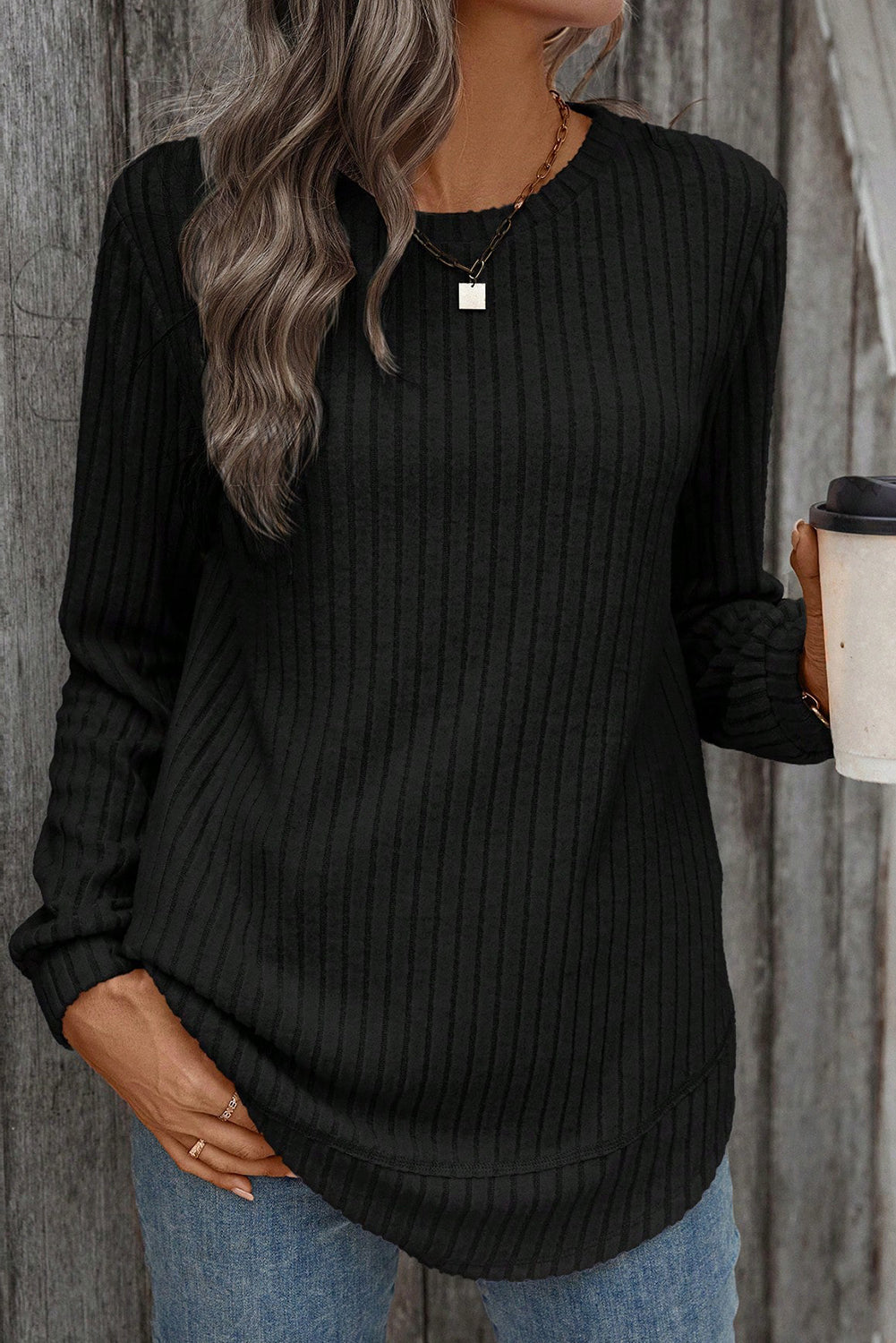 Ribbed Texture Round Neck Long Sleeve Rounded Hem Top -3 COLOR OPTIONS