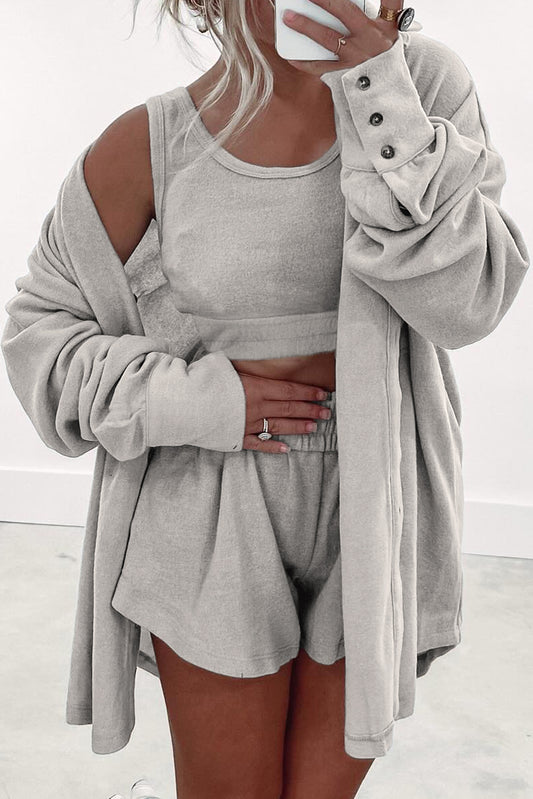 Black Shirred Hem Crop Tank Top Loose Shorts Cardigan 3 Piece Pajama Set
