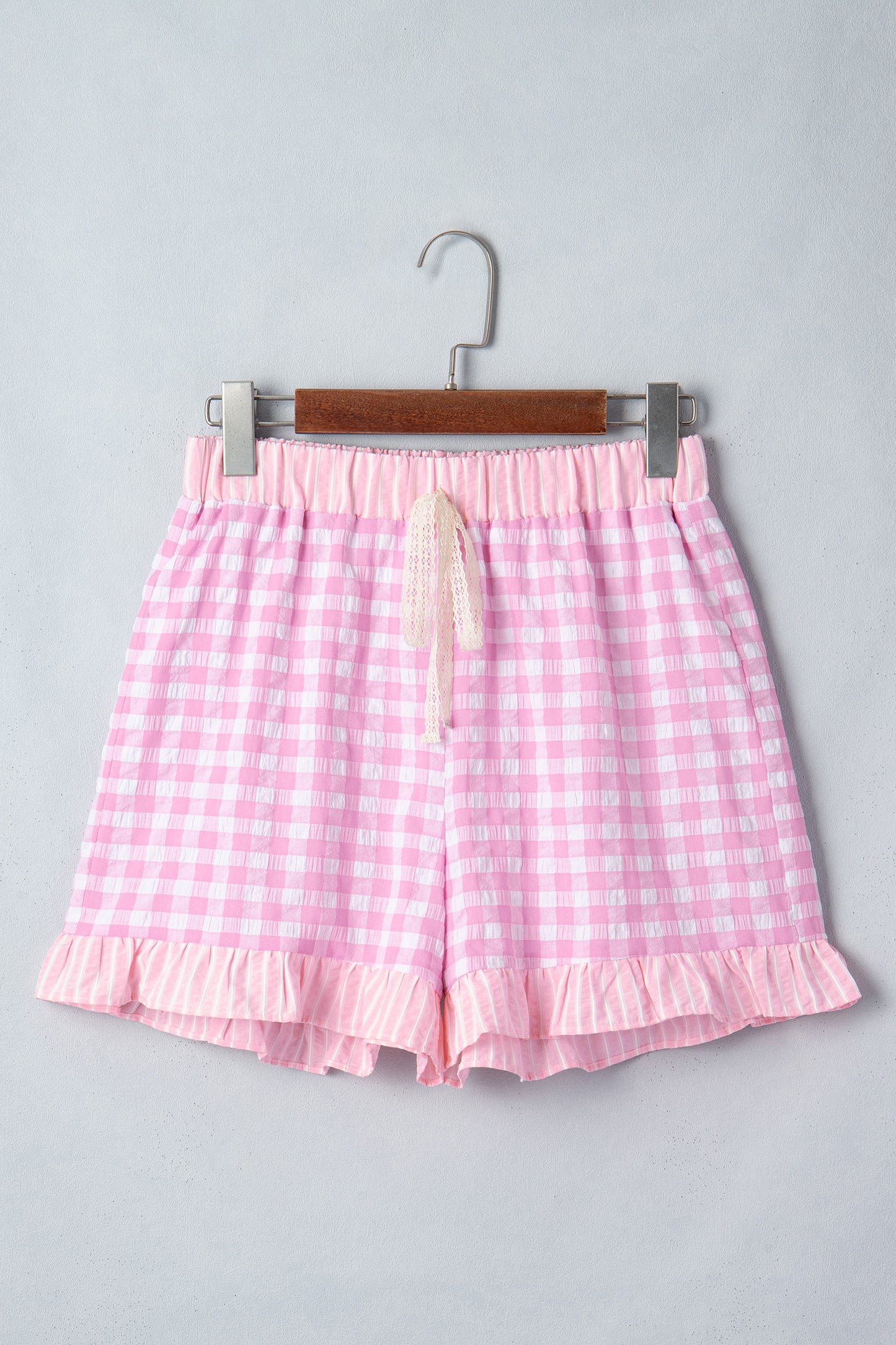 Gingham Print Ruffle Striped Detail Lace Tie Shorts -3 COLOR OPTIONS