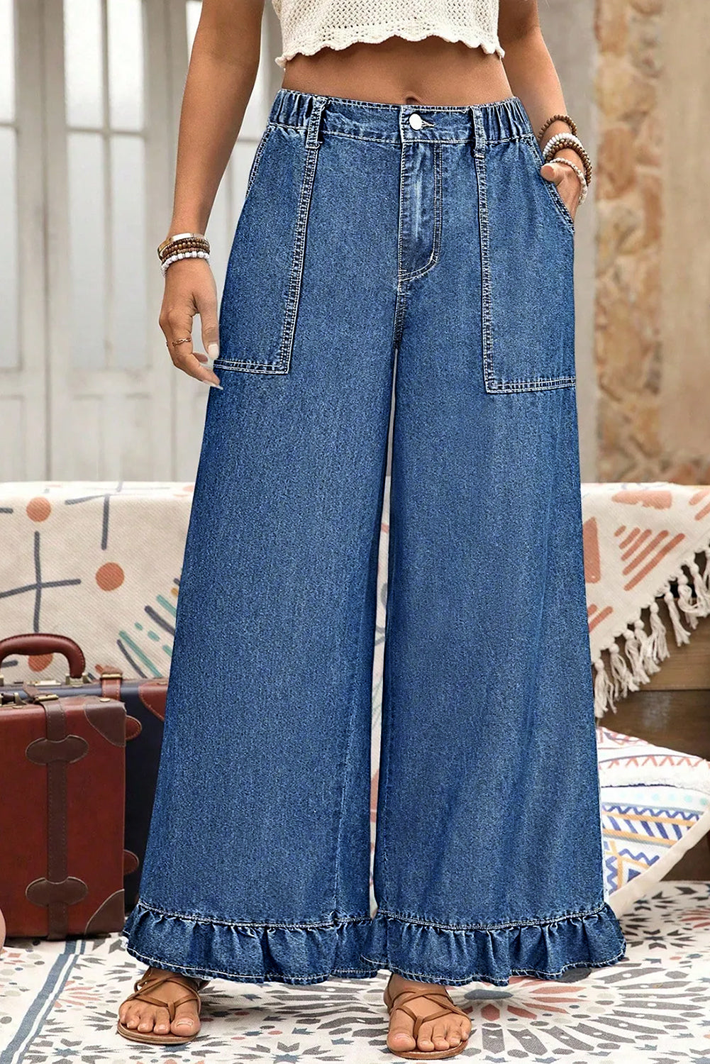 PLUS SIZE -Elastic Waist Ruffled Wide Leg Denim Pants Plus Size -4 COLOR OPTIONS