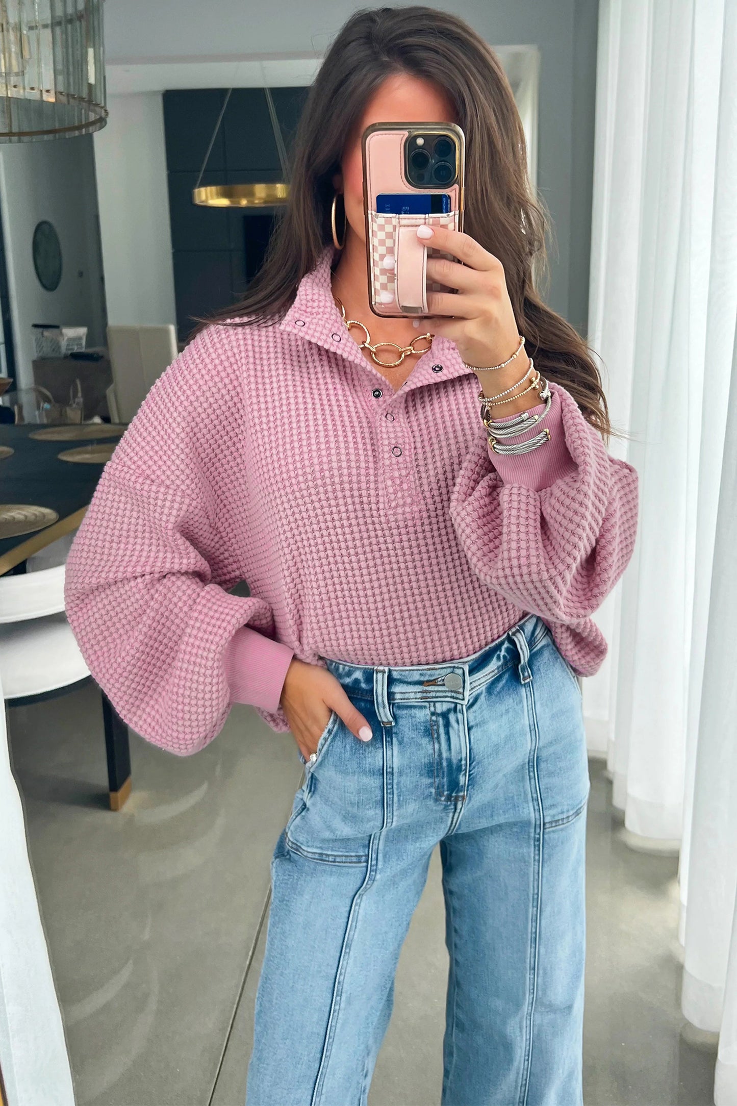 Casual Solid Color Textured Snap Button Collared Baggy Top -2 COLOR OPTIONS