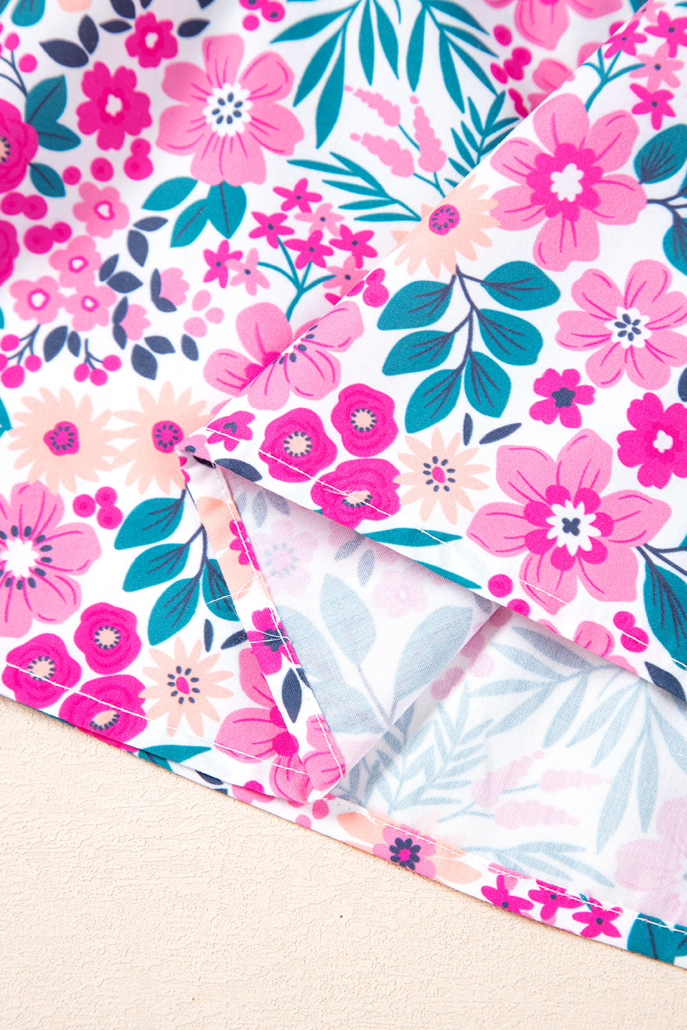PLUS SIZE- Pink Floral Half Button Puff Sleeve A Line Dress