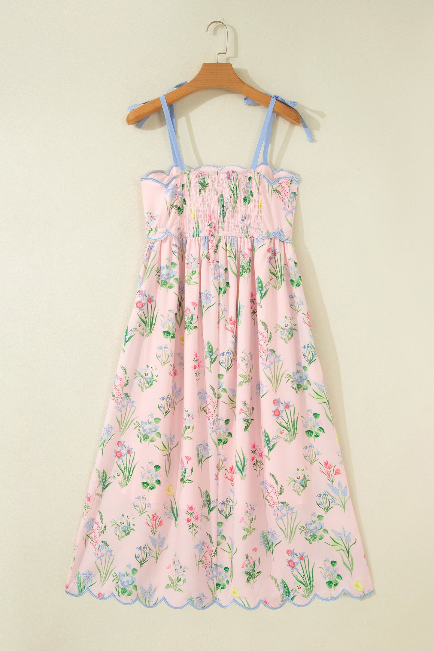 Floral Print Contrast Trim Self-tie Straps High Waist Midi Dress -3 COLOR OPTIONS