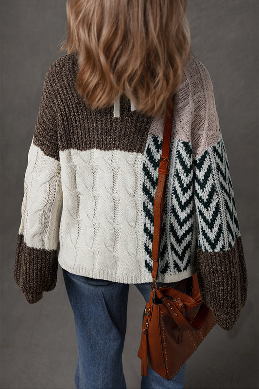 Brown Colorblock Patchwork Knotted Back Loose Fit Sweater