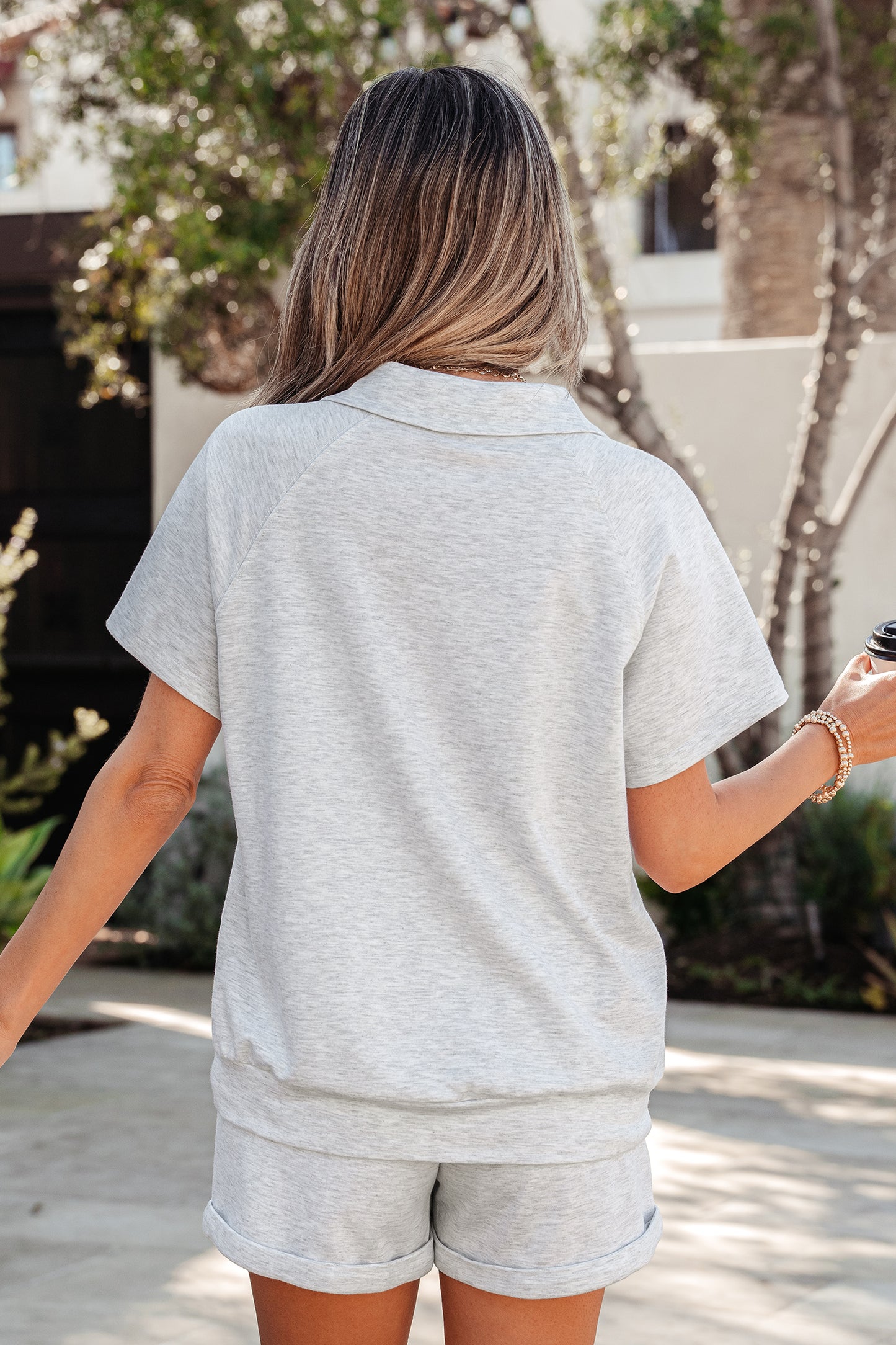 Collared V Neck Tee Drawstring Elastic Waist Shorts 2pcs Outfit -3 COLOR OPTIONS