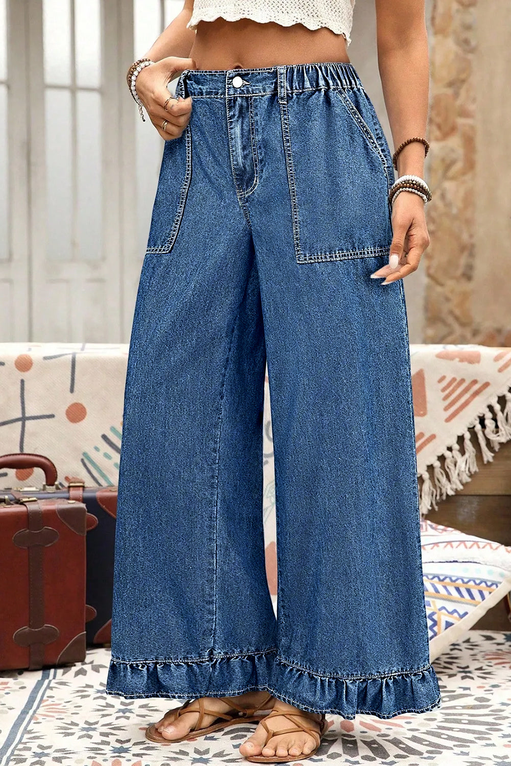 PLUS SIZE -Elastic Waist Ruffled Wide Leg Denim Pants Plus Size -4 COLOR OPTIONS