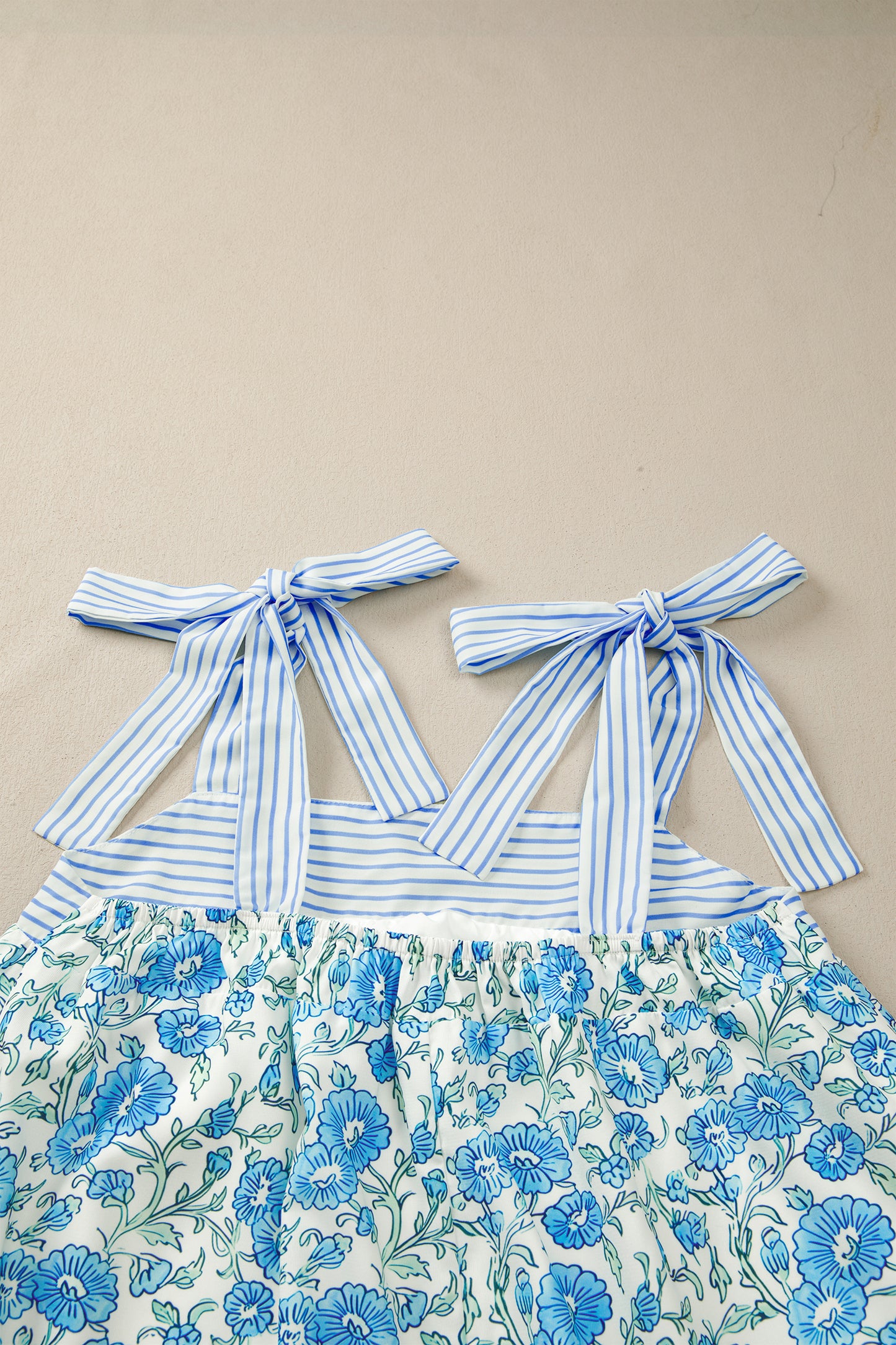 Floral Print Striped Patchwork Bow Knot Straps Mini Dress -2 COLOR OPTIONS