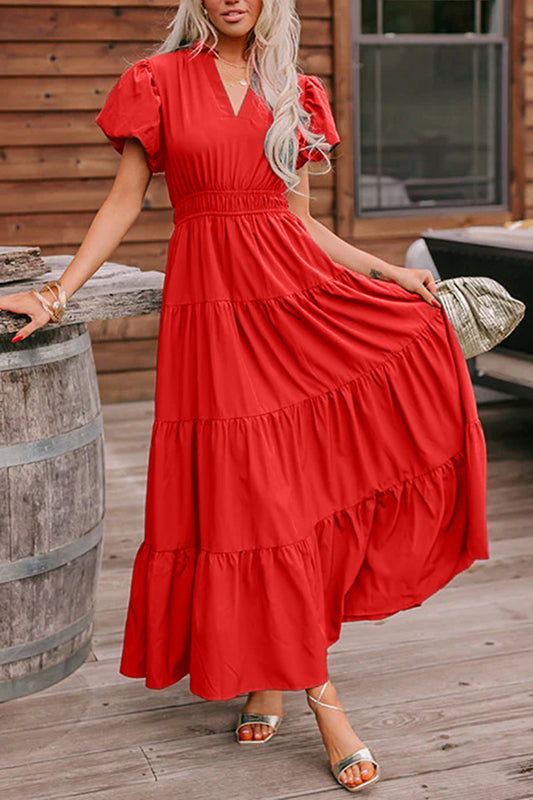 Solid Color V Neck Short Puff Sleeve High Waist Tiered Maxi Dress -5 COLOR OPTIONS