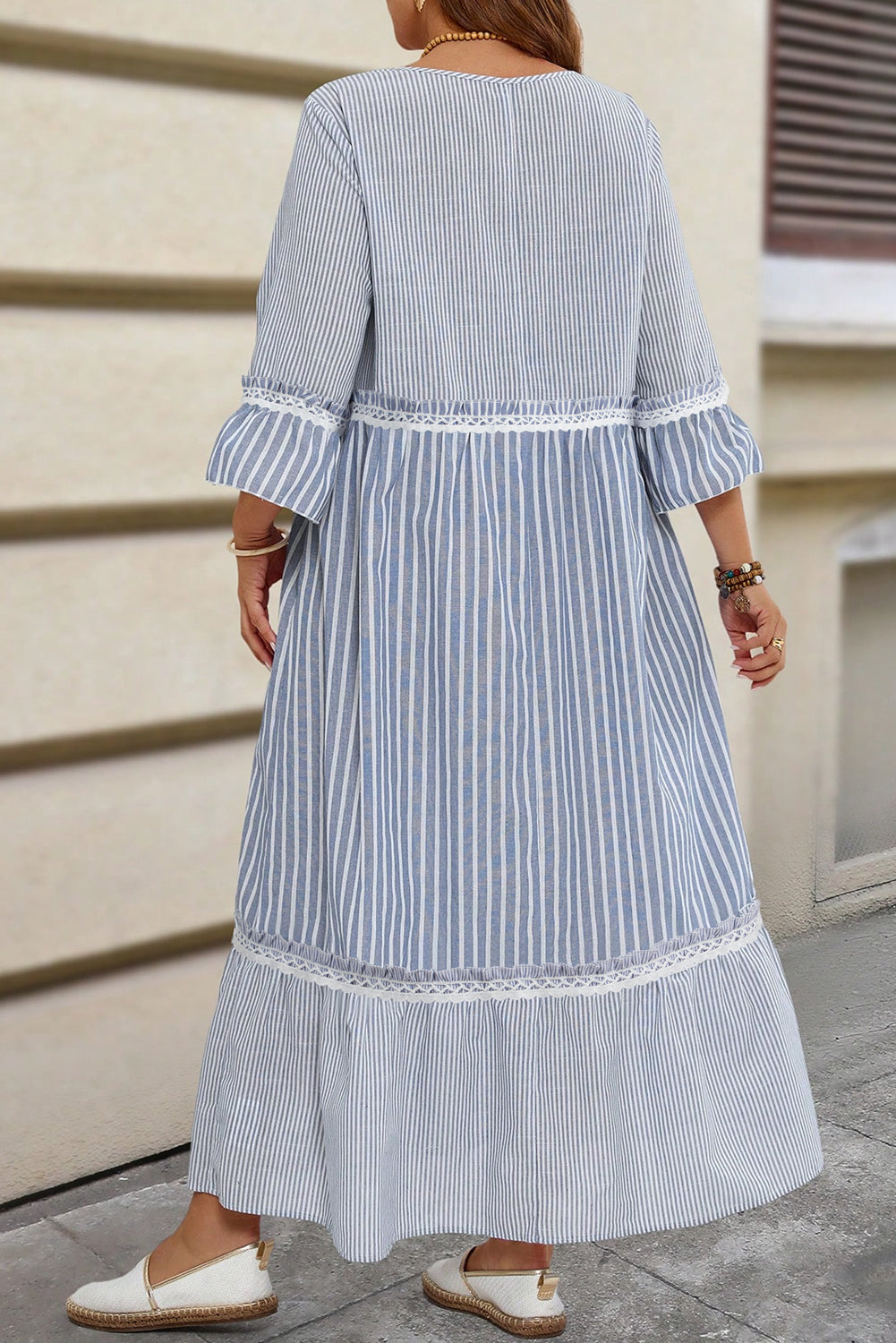 PLUS SIZE-Sky Blue Crisscross Lace Detail Mixed Striped Patchwork Dress