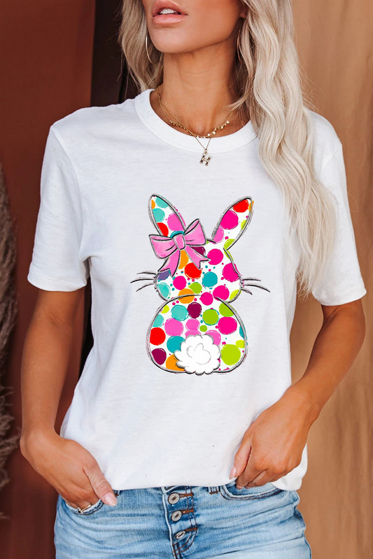 White Polka Dot Bow Rabbit Heat Transfer Printing Graphic Crewneck Easter Tee