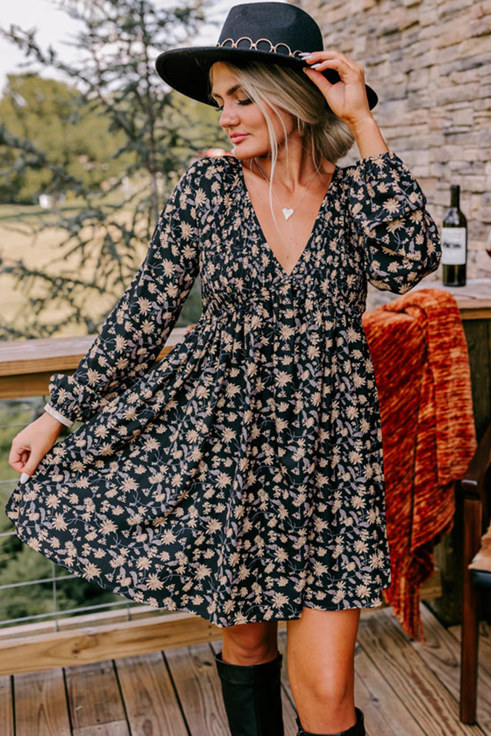 Floral Smocked V Neck Bubble Sleeve Babydoll Dress -2 COLOR  OPTIONS