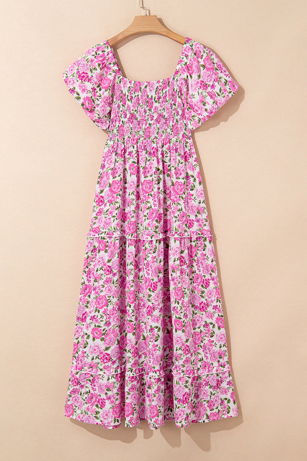 Pink Floral Smocked Puff Sleeve Flowy Midi Dress