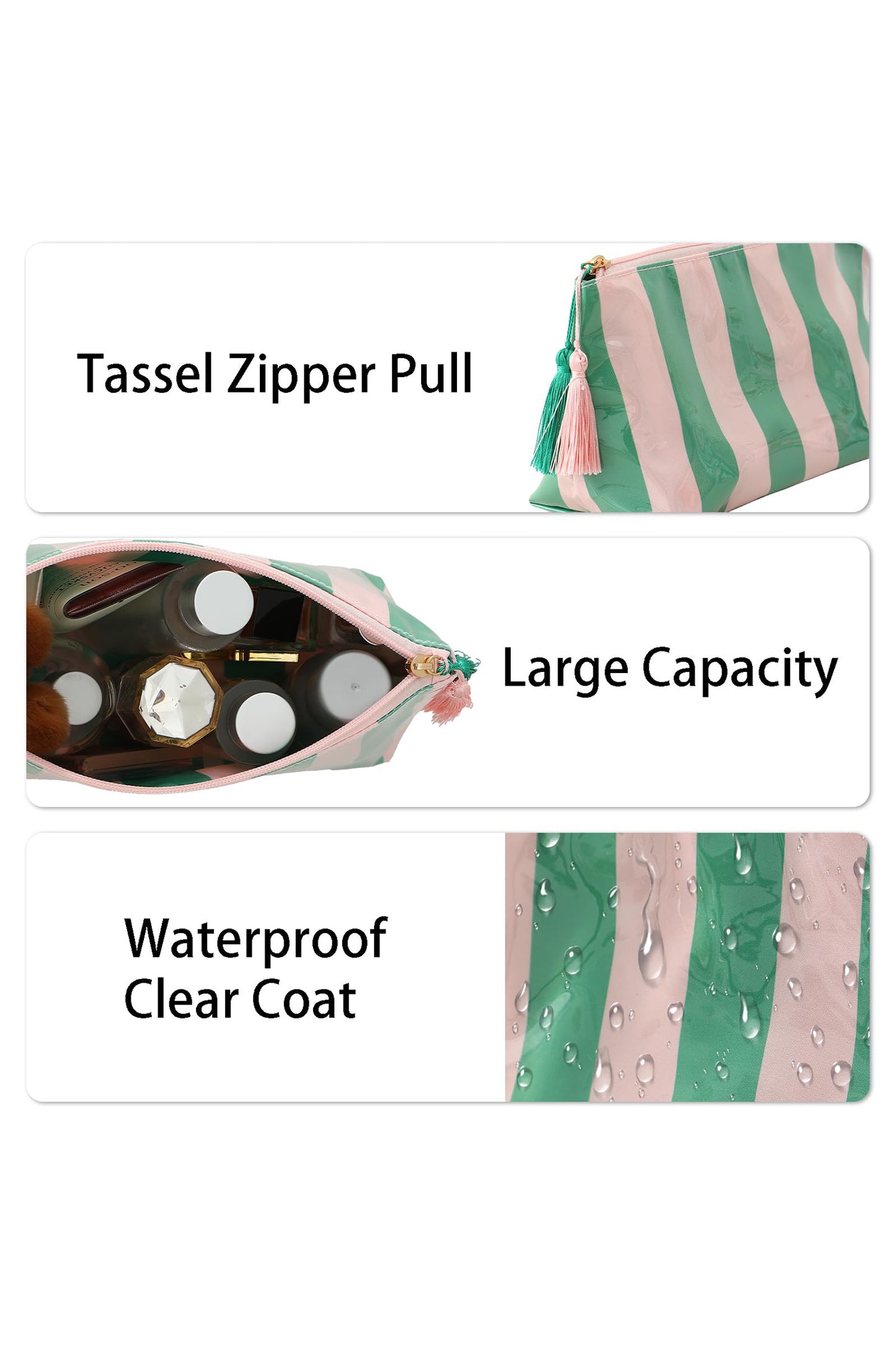 Striped Vinyl Waterproof Tassel Zipper Makeup Bag- 4 COLOR OPTIONS