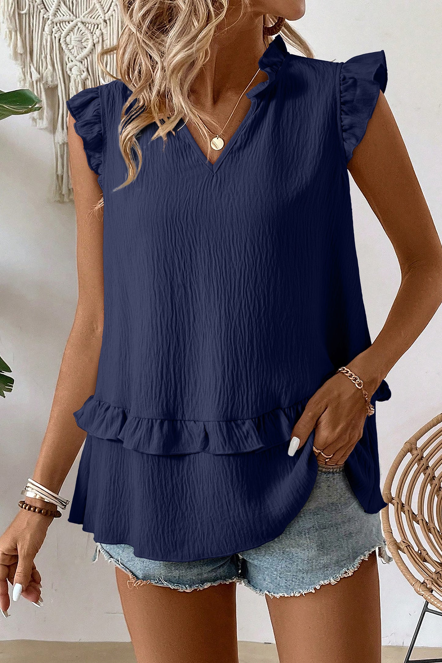 Notched V Neck Ruffle Detail Tank Top -3 COLOR OPTIONS