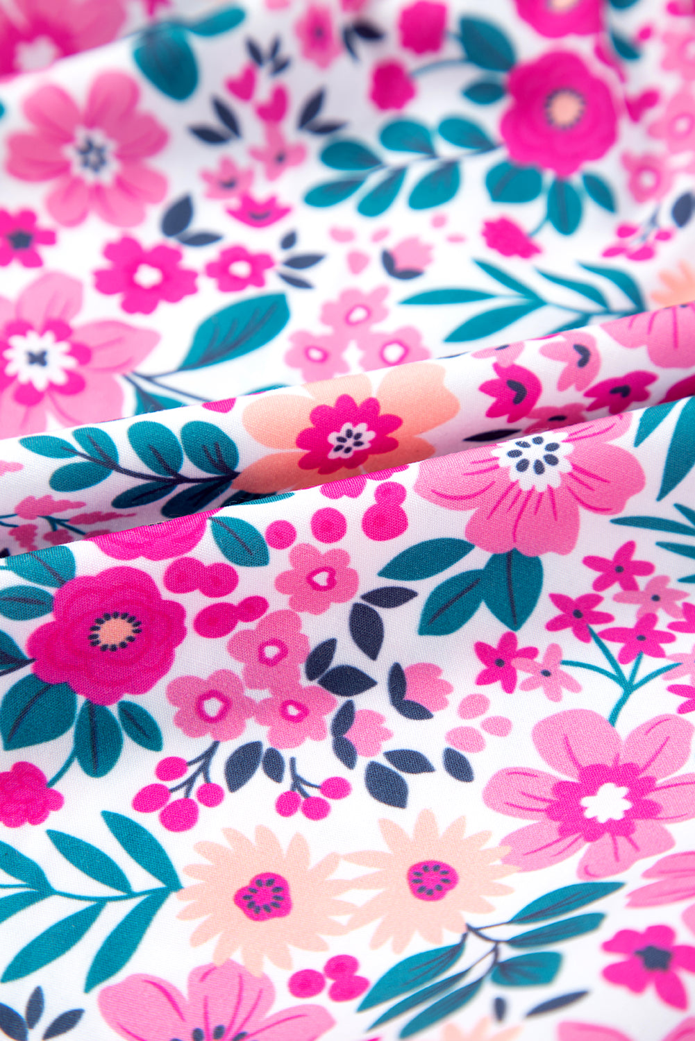 PLUS SIZE- Pink Floral Half Button Puff Sleeve A Line Dress