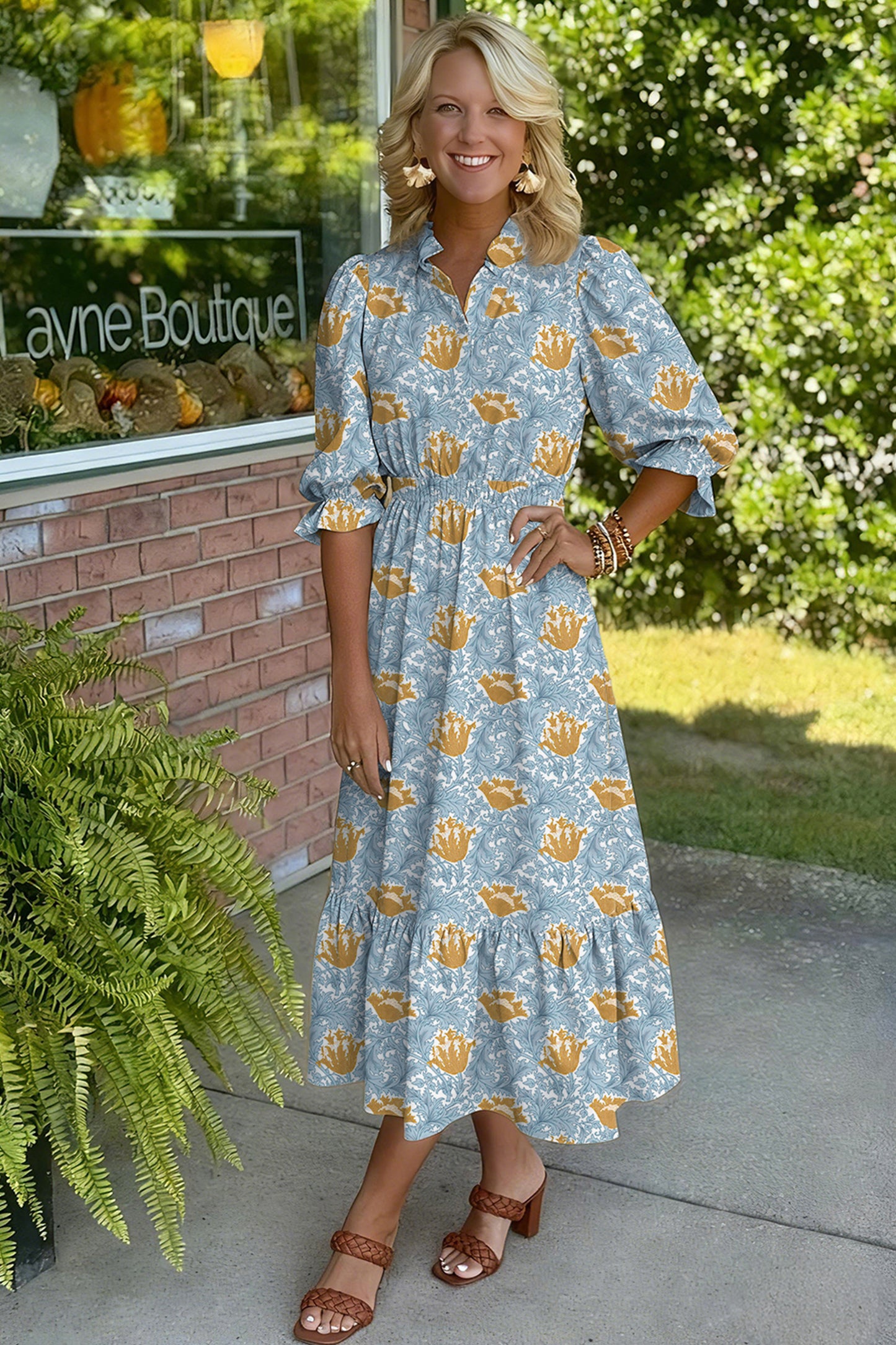 Floral Printed Frilled V Neck Bracelet Sleeve Long Dress -2 COLOR OPTIONS