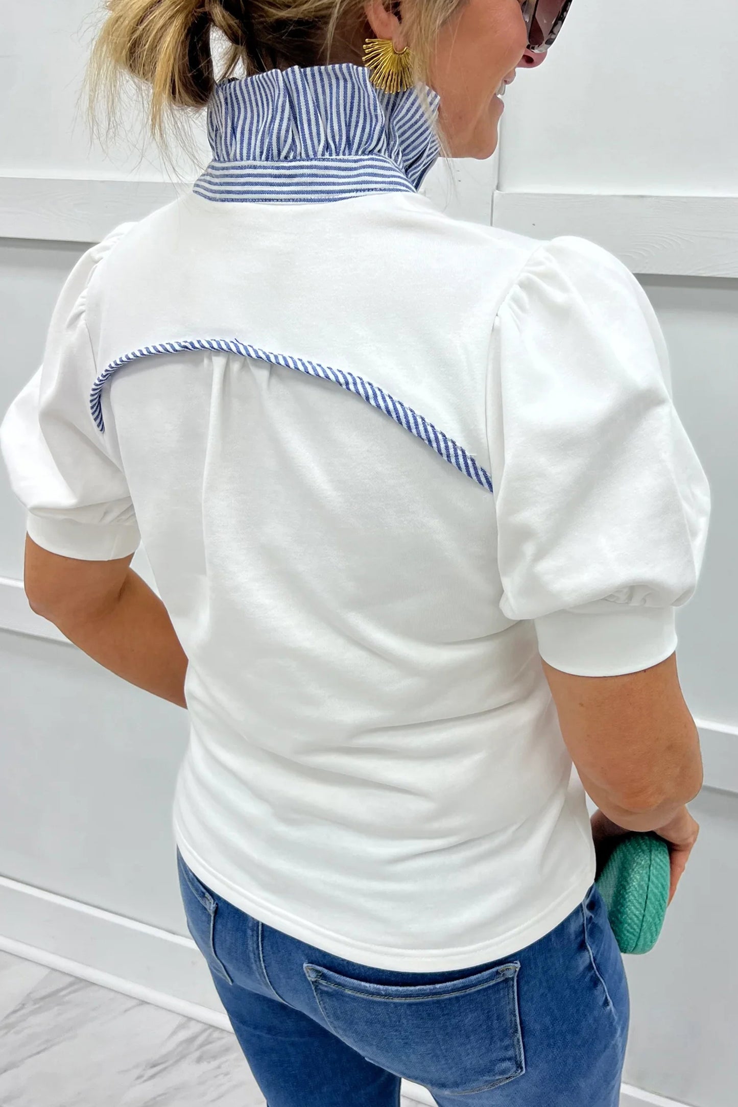 Striped Frilled Collar Short Sleeve Blouse- 5 COLOR OPTIONS