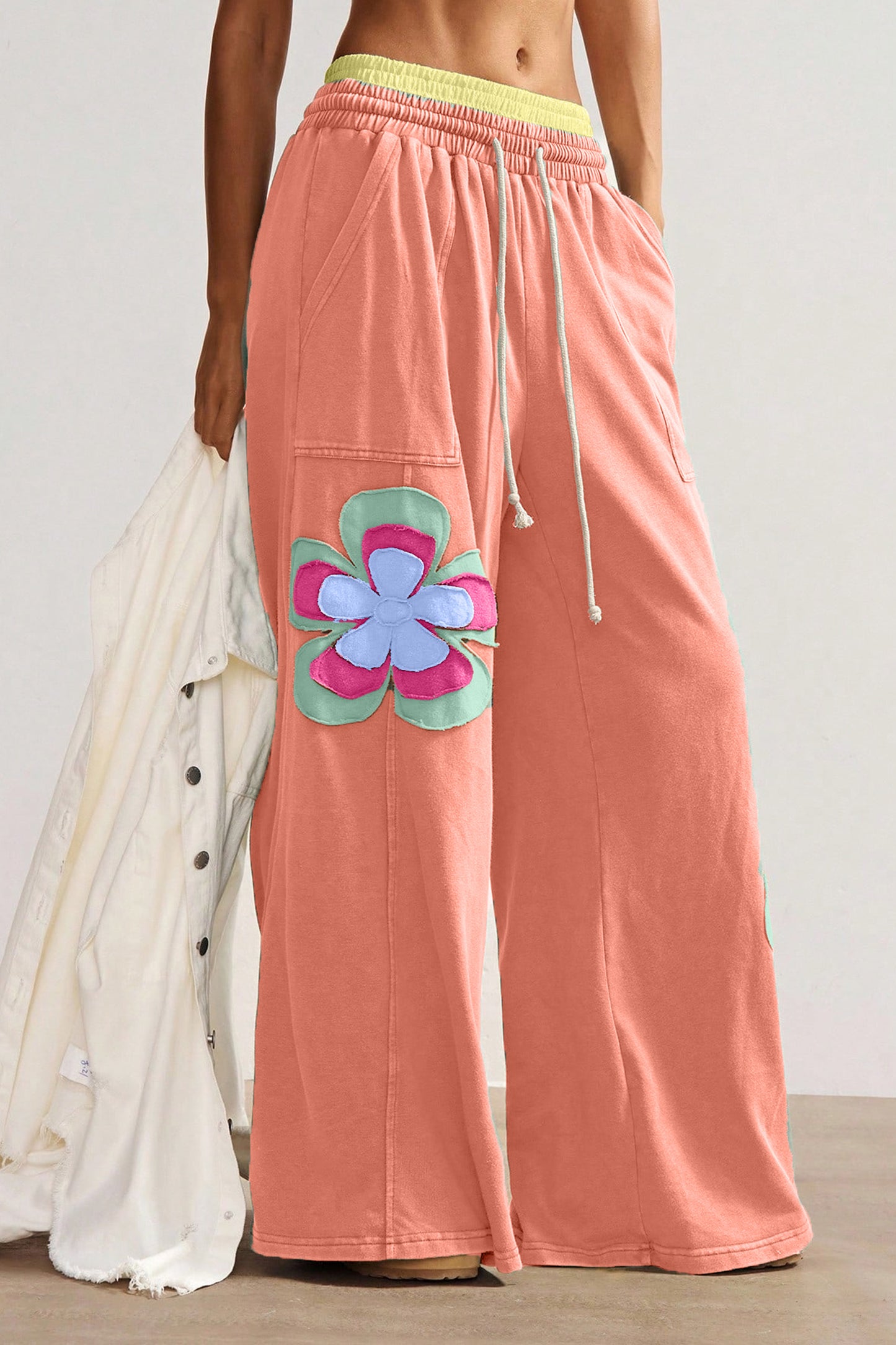 Color Block Flower Patchwork Drawstring Contrasted Elastic Waist Wide Leg Pants - 3 COLOR OPTIONS