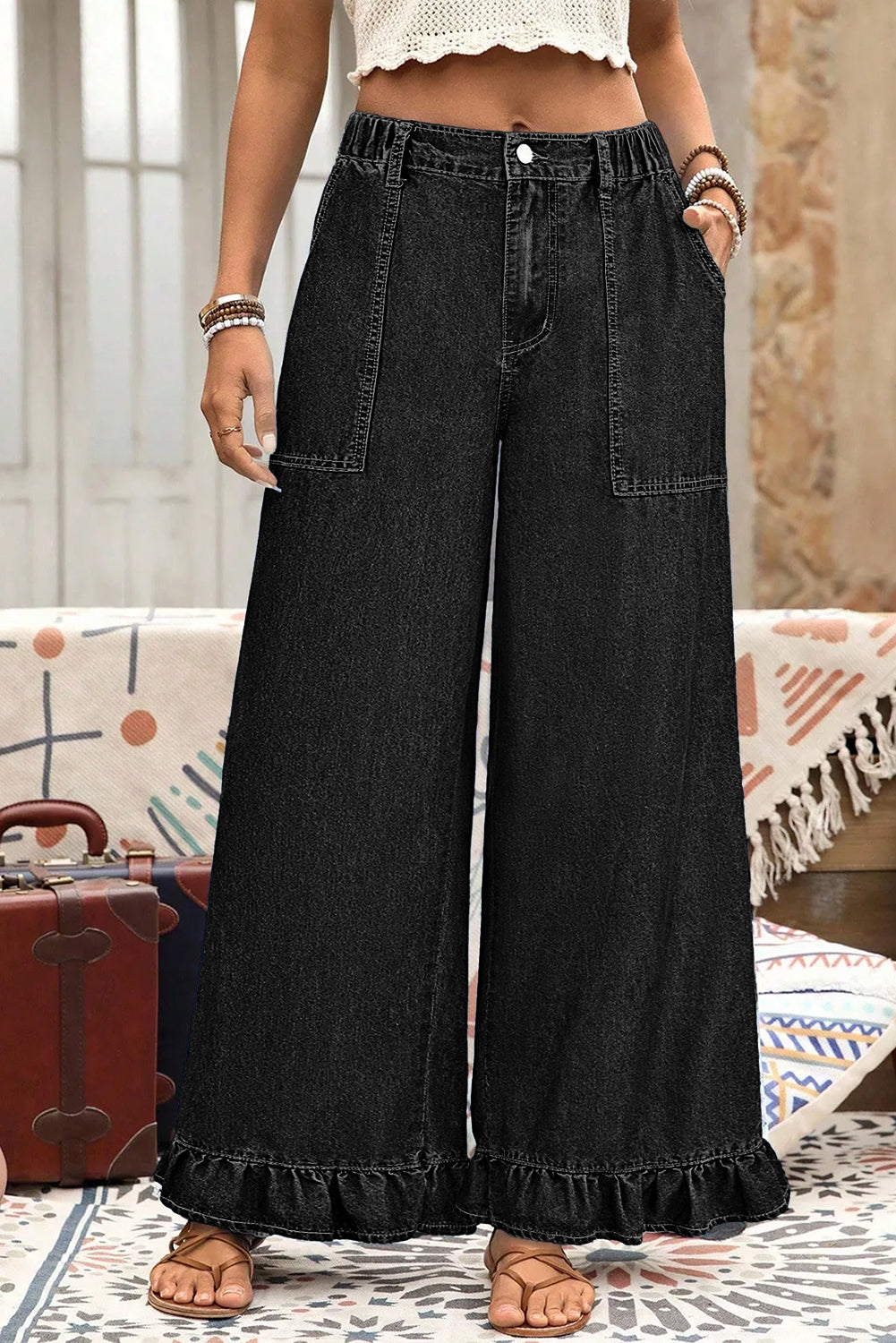 PLUS SIZE -Elastic Waist Ruffled Wide Leg Denim Pants Plus Size -4 COLOR OPTIONS
