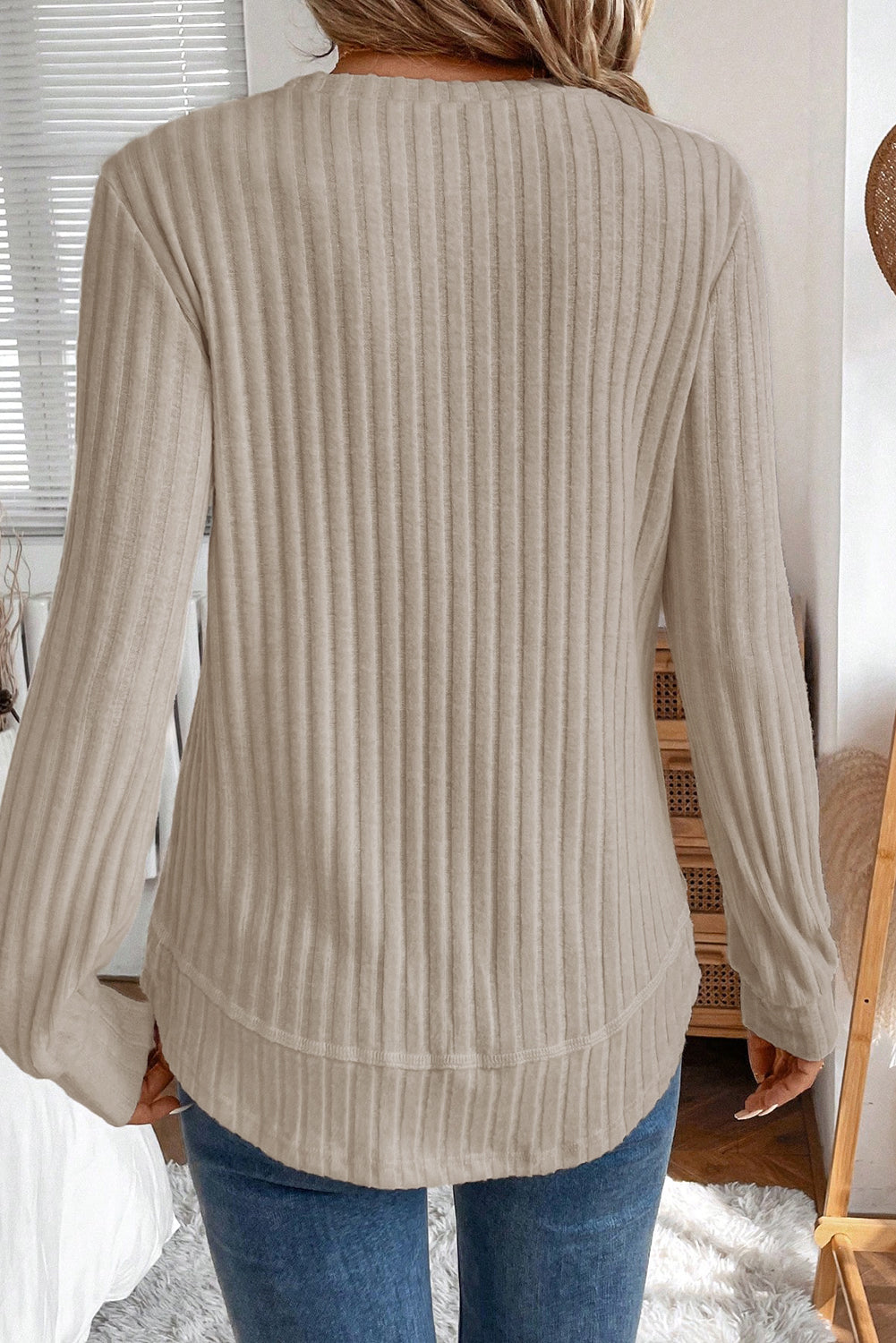 Ribbed Texture Round Neck Long Sleeve Rounded Hem Top -3 COLOR OPTIONS