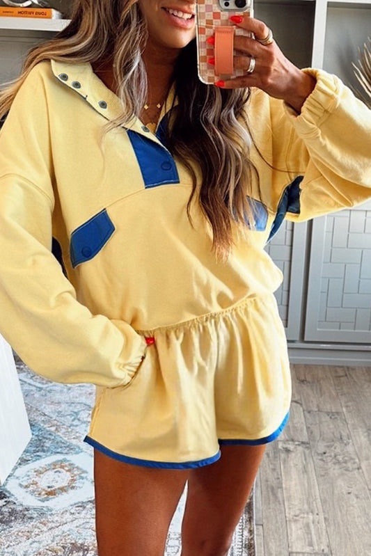 Colorblock Patchwork Half Button Pullover and Shorts Outfit- 4 COLOR OPTIONS
