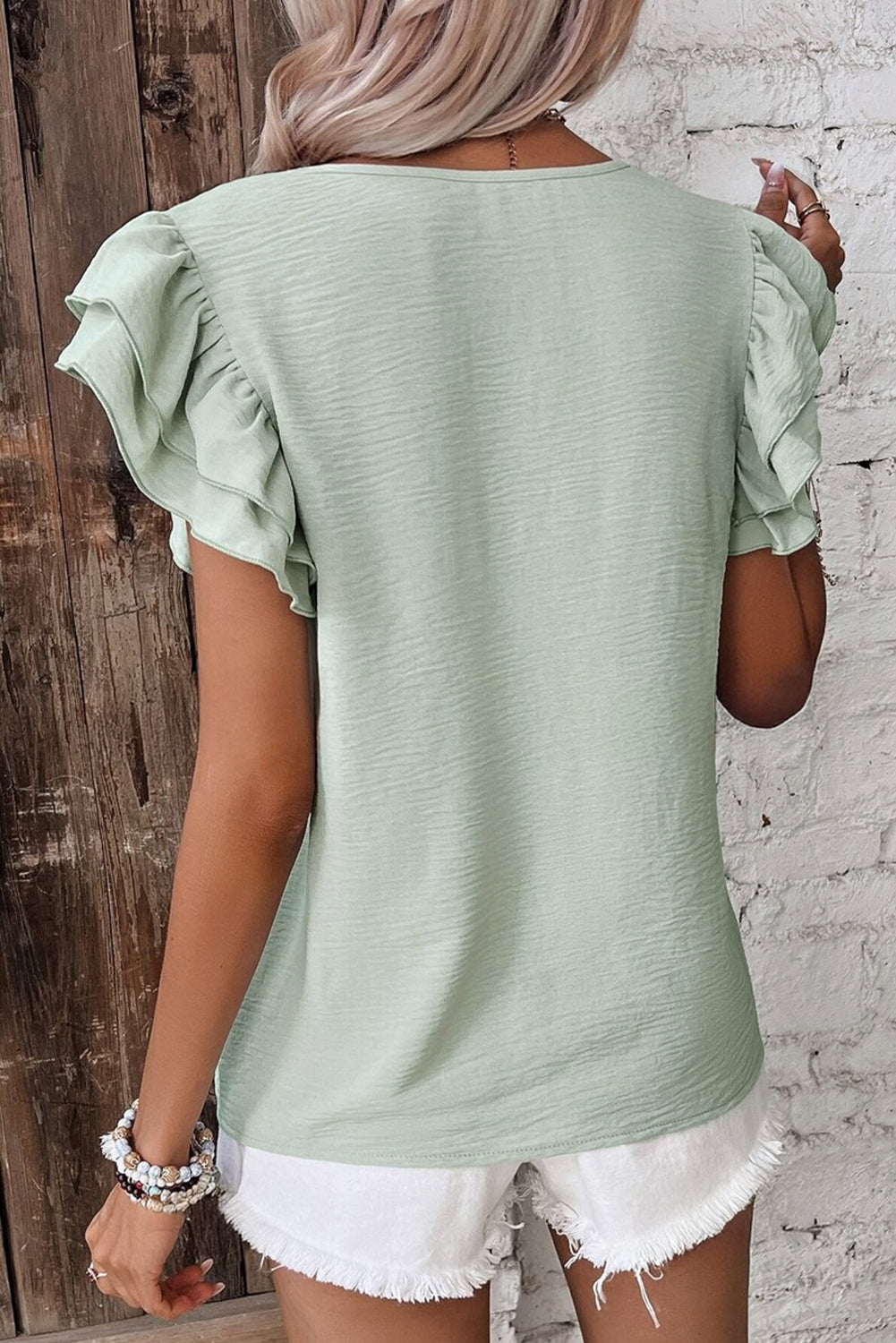 Solid Color Ruffle Sleeve Crinkled Blouse -2 COLOR OPTIONS