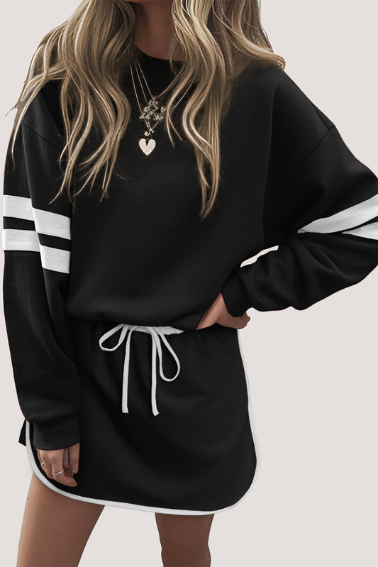 Varsity Stripe Detail Drop Shoulder Pullover Mini Skirt Set -3 COLOR OPTIONS