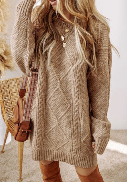 Parchment Twist Cable Knit Drop Shoulder Loose Fit Sweater Dress