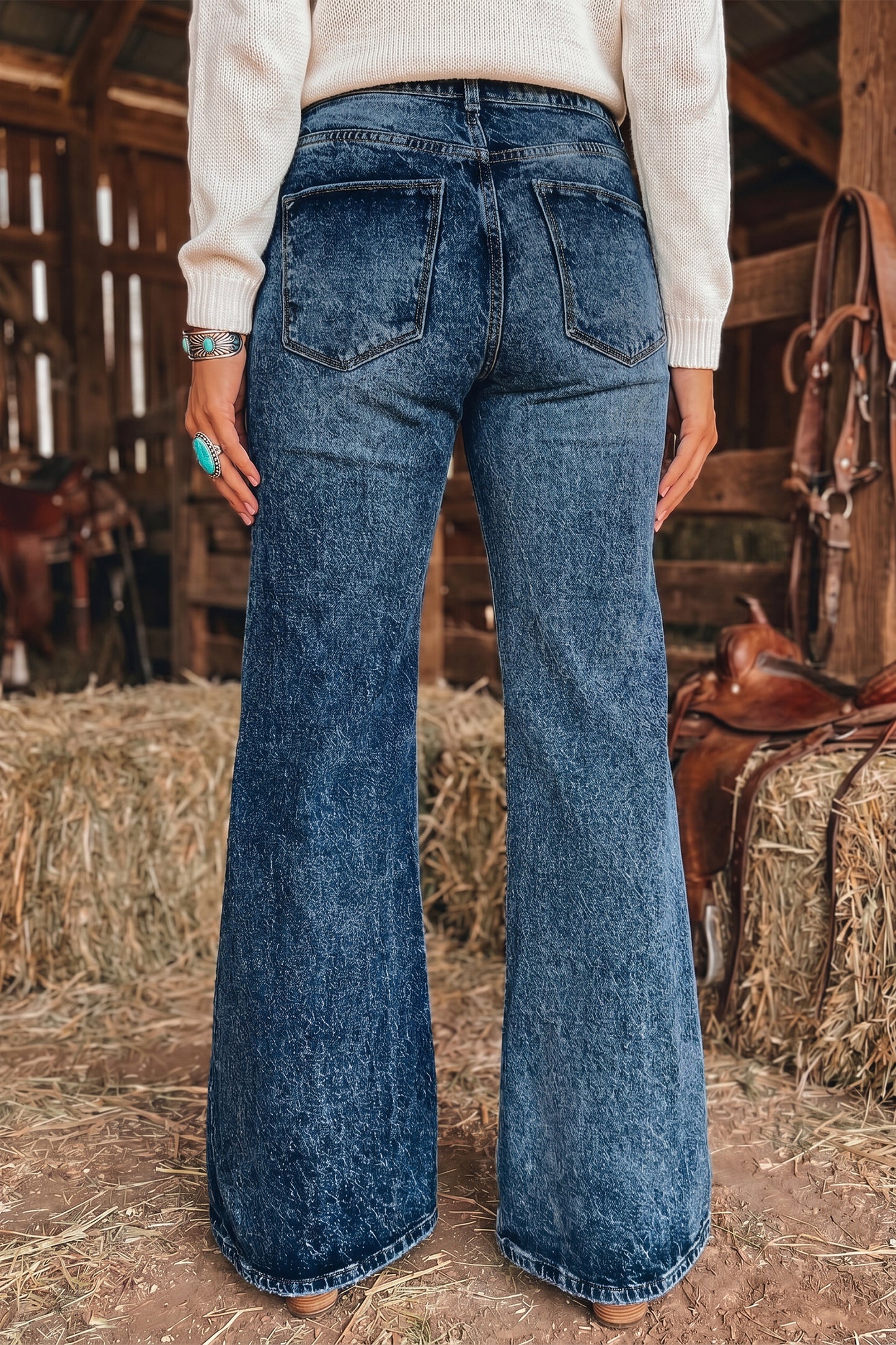 Blue Acid Wash Pocket Detail Flare Jeans -2 COLOR OPTIONS