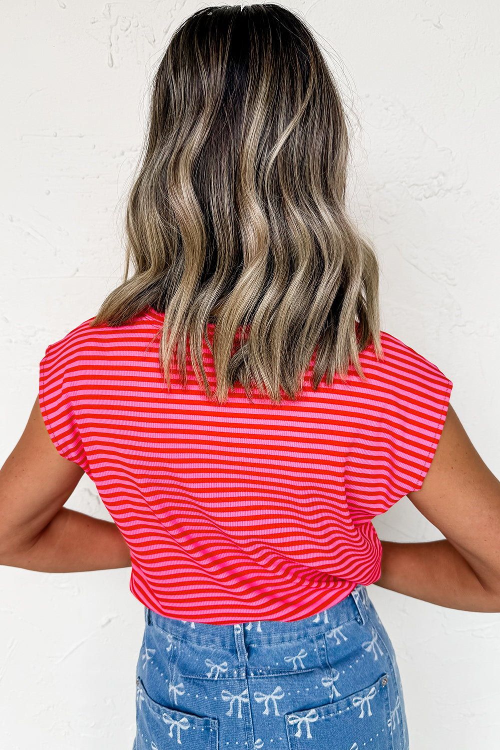 Stripe Ribbed Cap Sleeve Round Neck T Shirt -2 COLOR OPTIONS