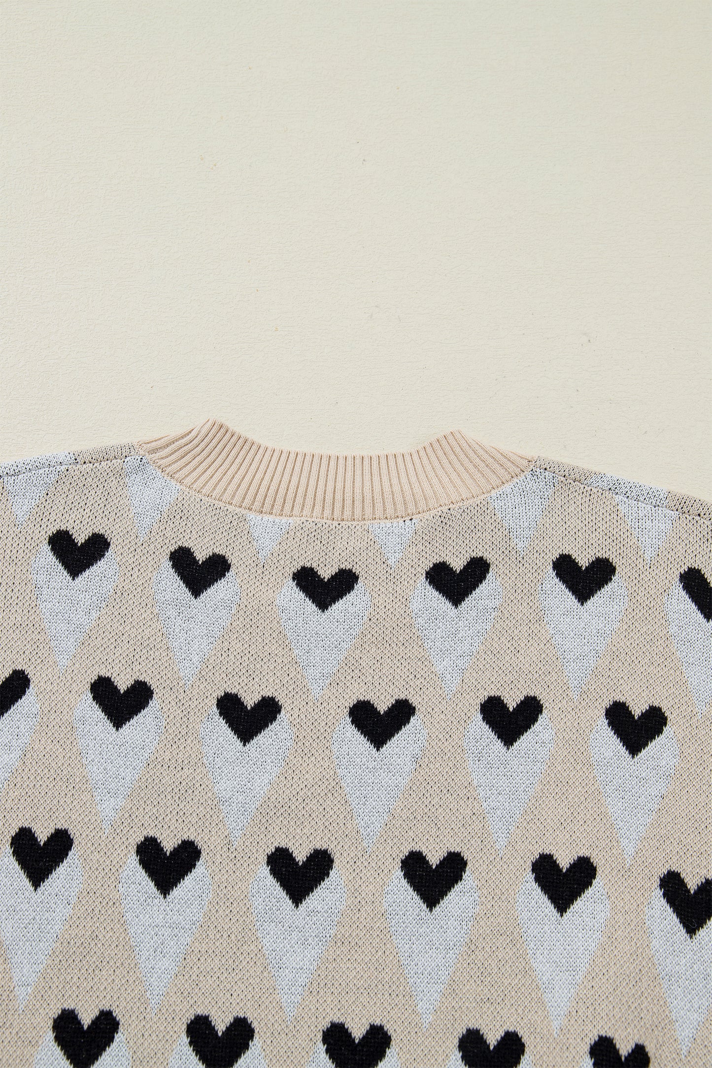 Parchment Geometric Heart Print Ribbed Trim Loose Sweater
