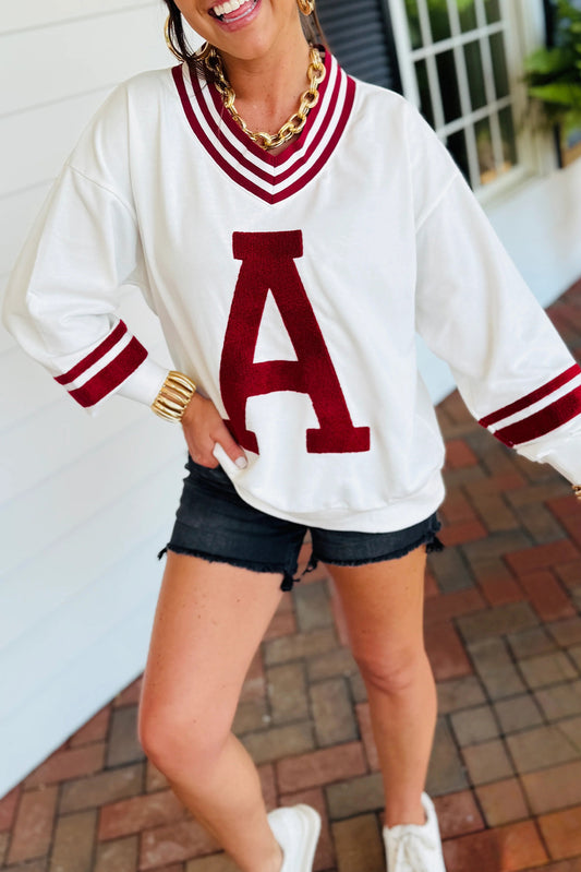 Red Dahlia Chenille Letter A Varsity Striped V Neck Sweatshirt