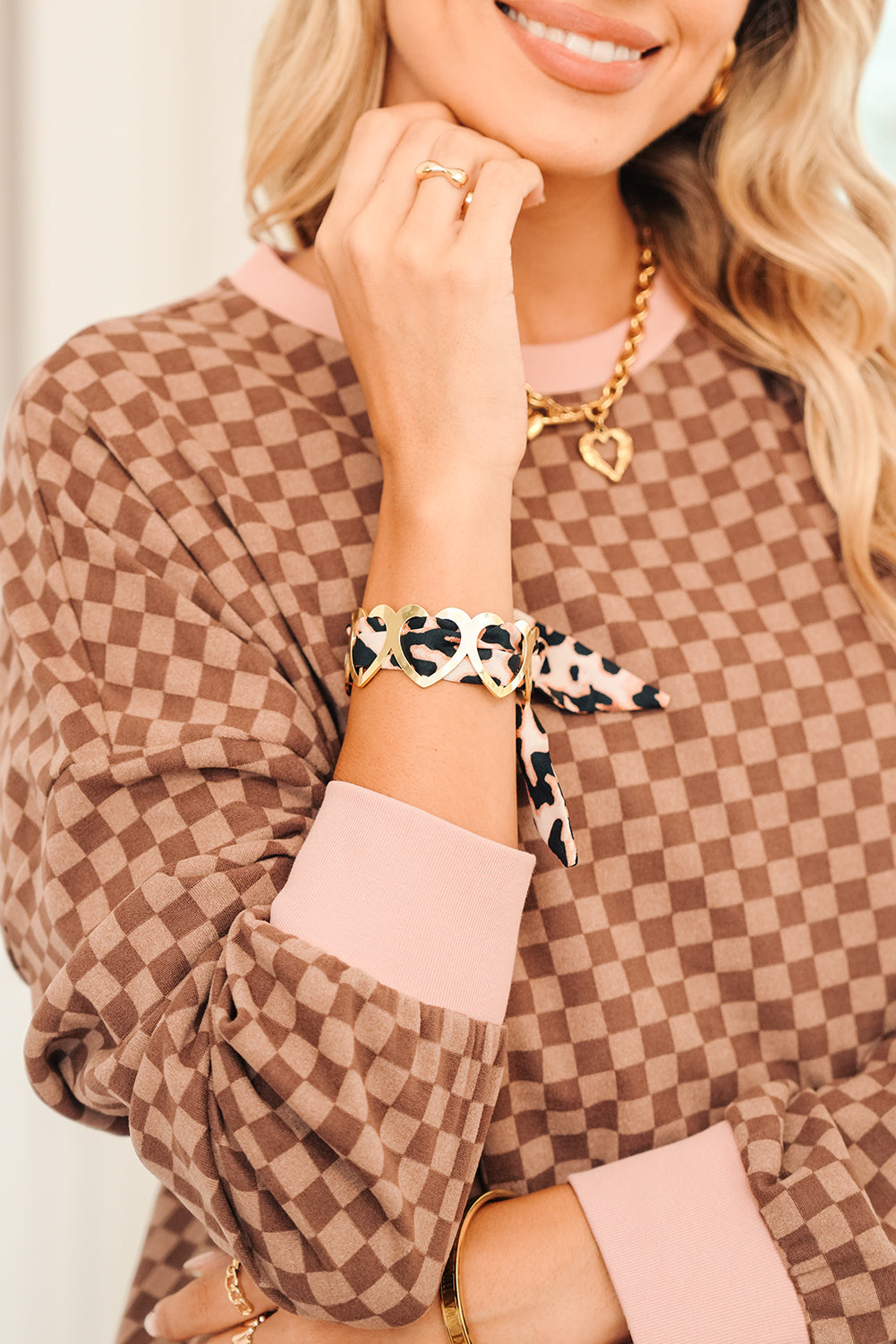 Gold Hollow Out Heart Leopard Print Ribbon Bracelet