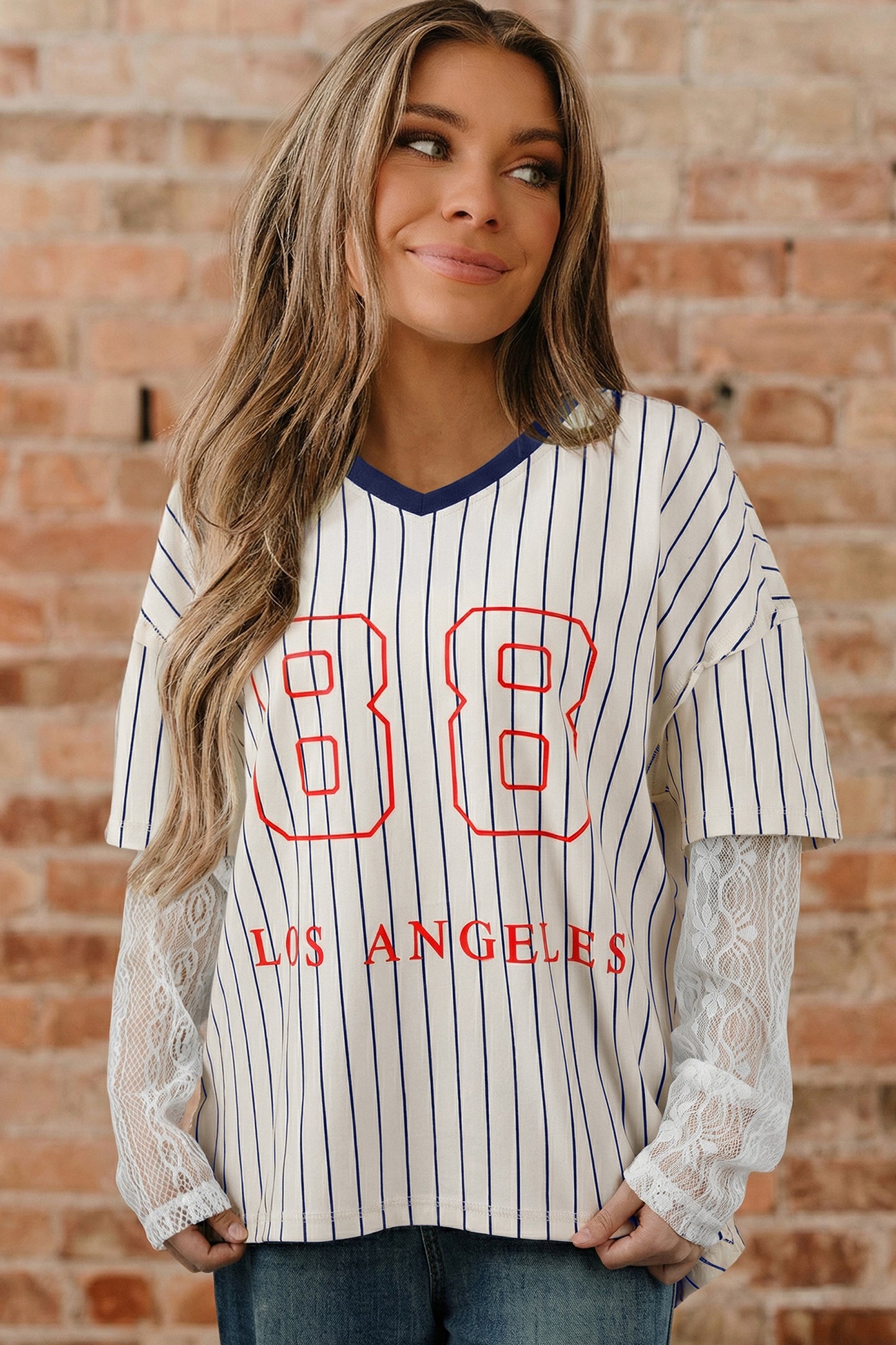 Blue Stripe 88 LOS ANGEL Graphic Lace Patchwork Faux Two Piece V Neck Top