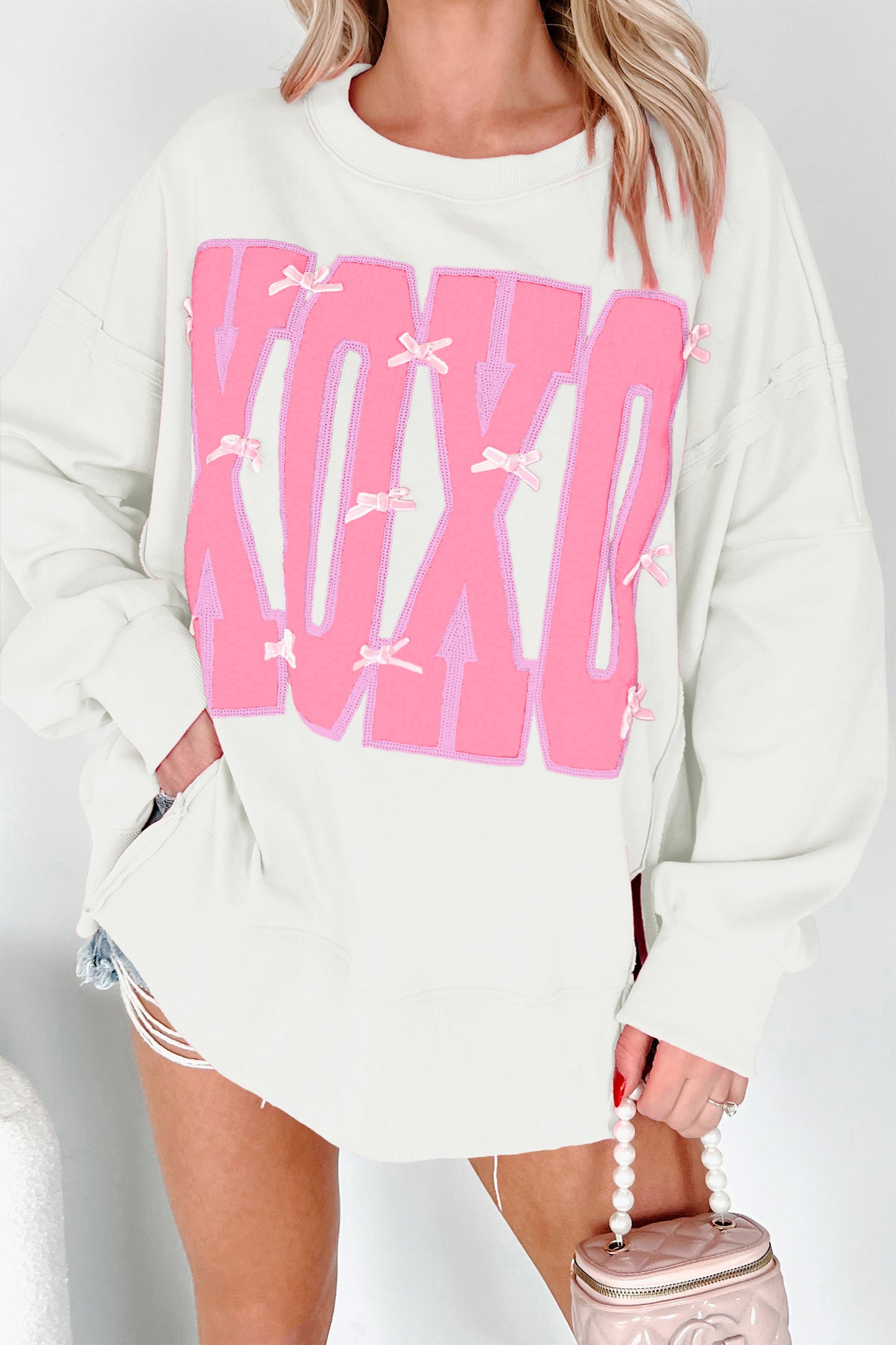 Bow Sequin XOXO Letter Graphic Exposed Seam Baggy Sweatshirt -3 COLOR OPTIONS
