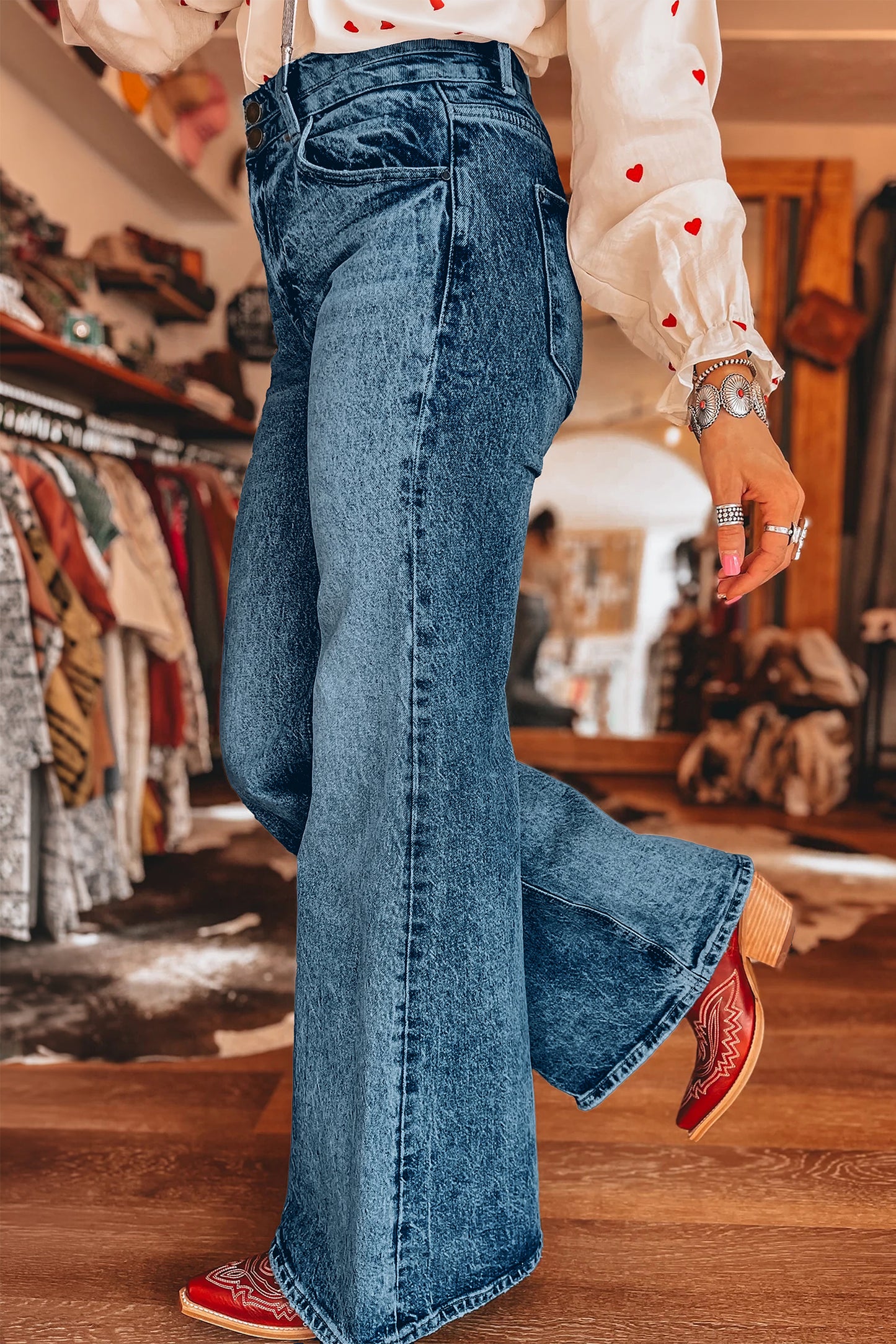 Blue Acid Wash Pocket Detail Flare Jeans -2 COLOR OPTIONS