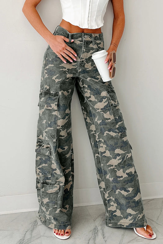 Green Camo Multi Pocket Cargo Wide Leg Jeans