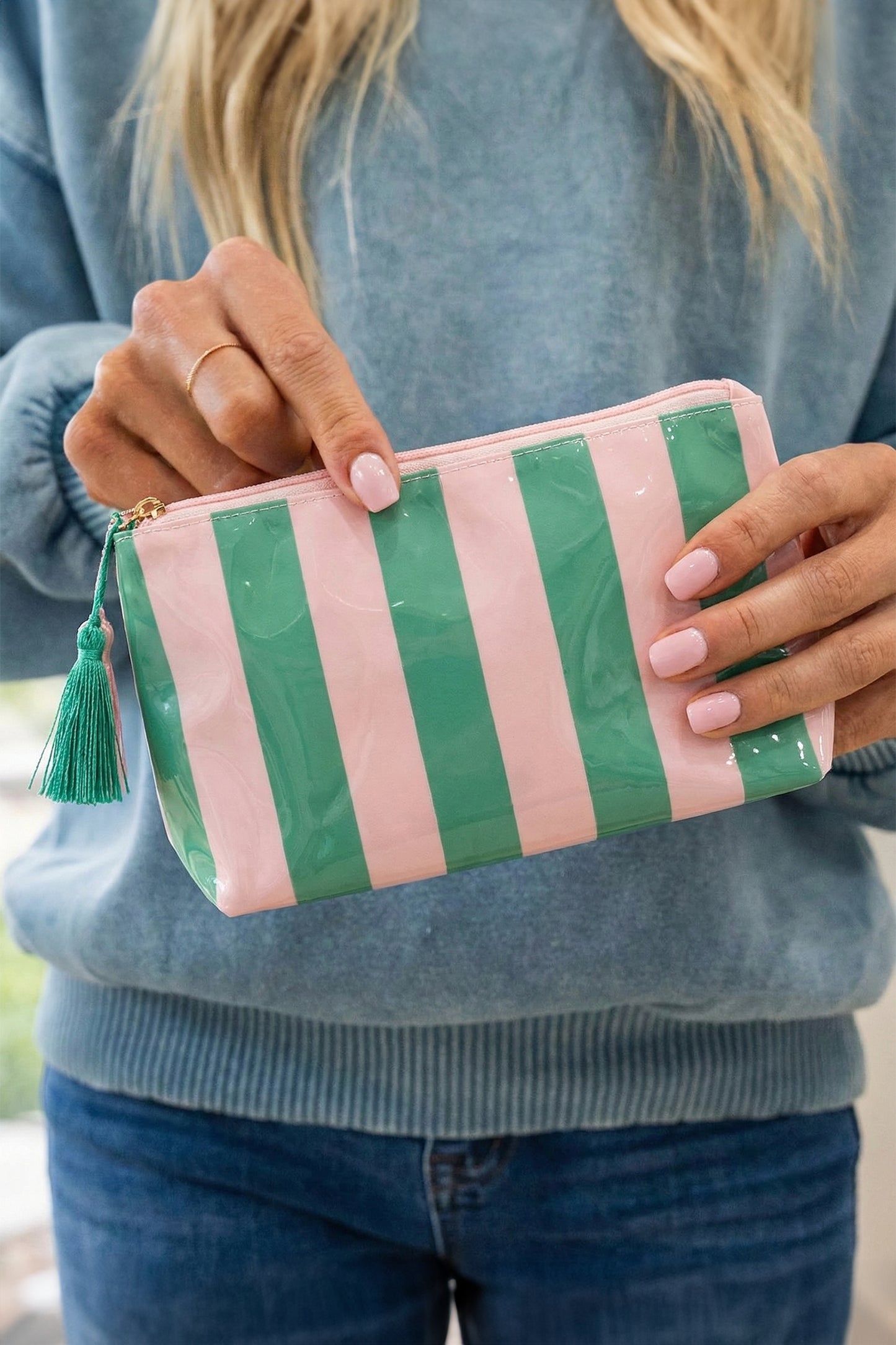 Striped Vinyl Waterproof Tassel Zipper Makeup Bag- 4 COLOR OPTIONS