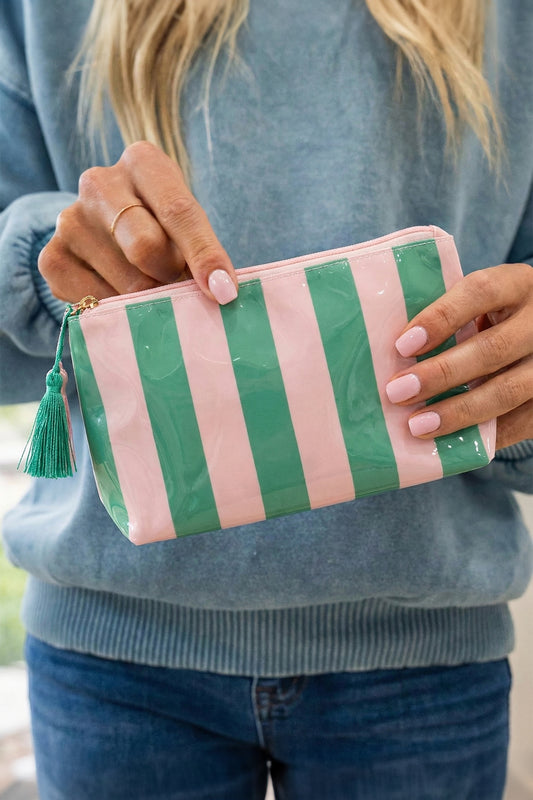 Striped Vinyl Waterproof Tassel Zipper Makeup Bag- 4 COLOR OPTIONS