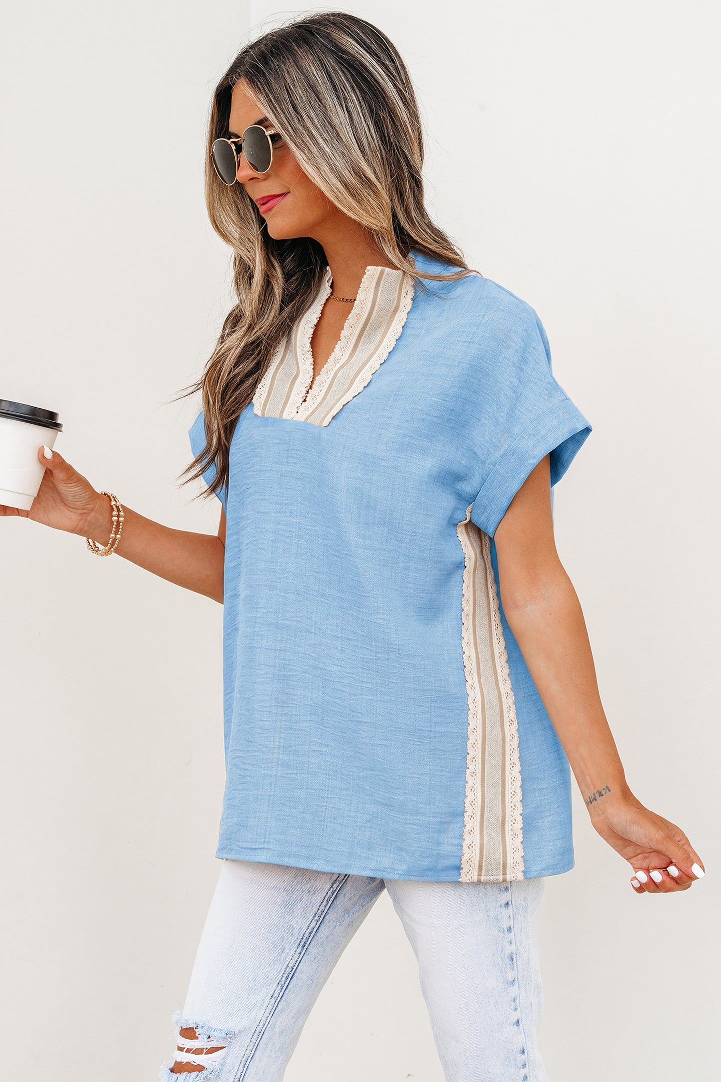 Crochet Lace Accent Pullover Rolled Short Sleeve Blouse -2 COLOR OPTIONS