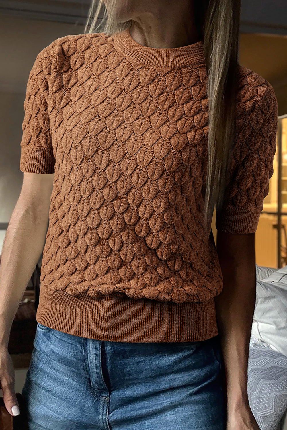 Scaled Textured Knit Ribbed High Neck Short Sleeve Sweater -2 COLOR OPTIONS