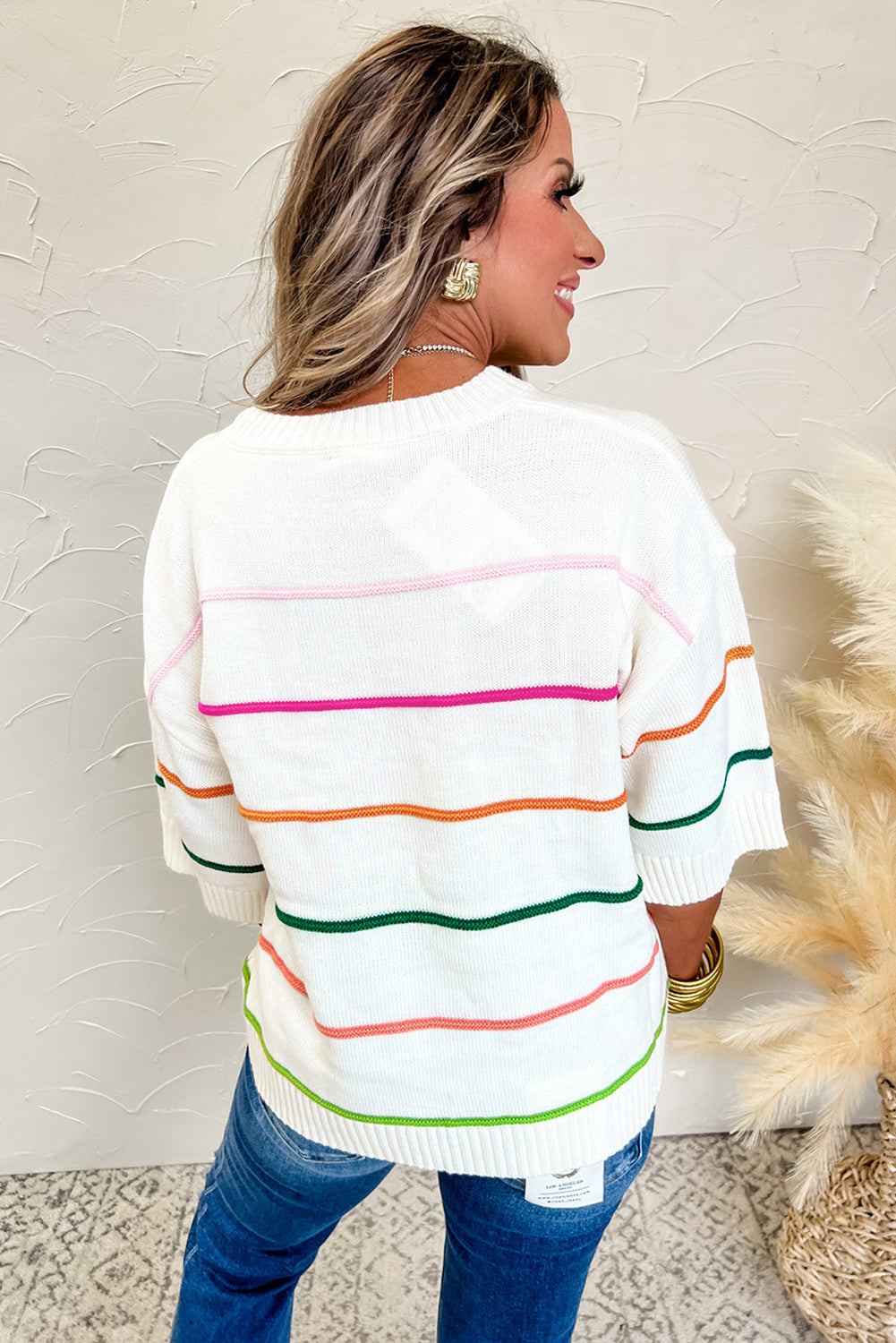Striped Half Sleeve Drop Shoulder Sweater -3 COLOR OPTIONS