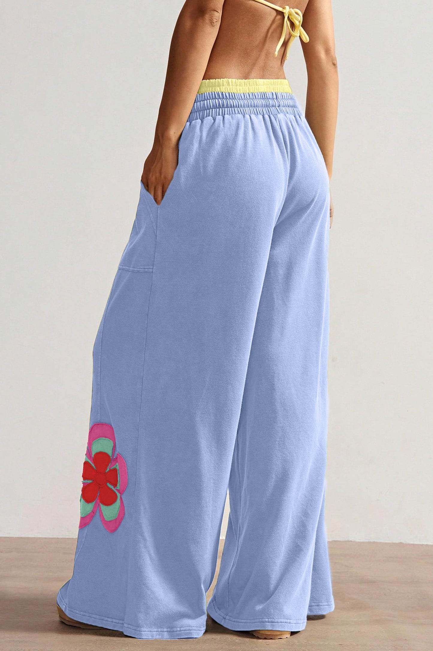 Color Block Flower Patchwork Drawstring Contrasted Elastic Waist Wide Leg Pants - 3 COLOR OPTIONS